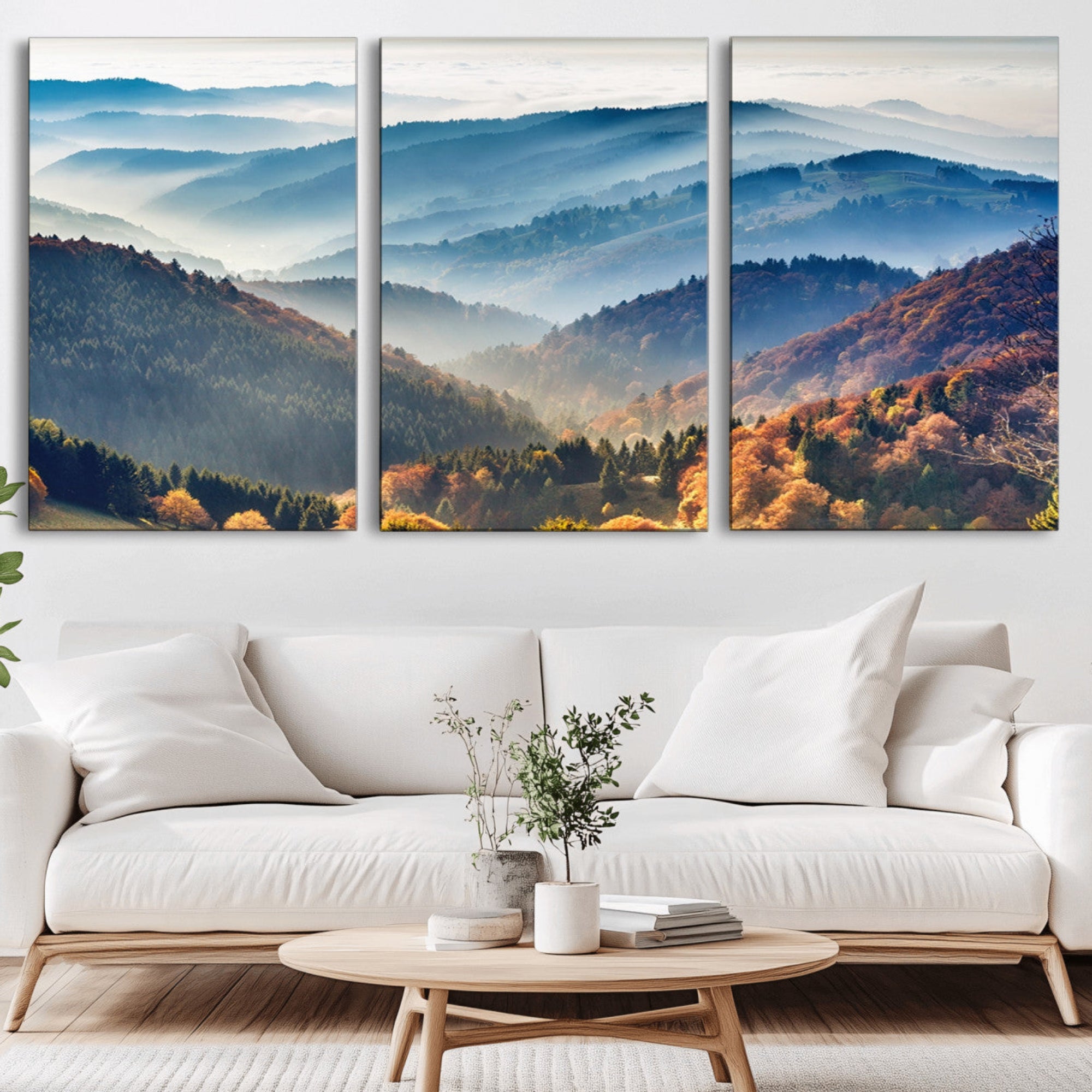 23293-MGV-CV-36X24-Misty Mountain Sunrise Triptych Canvas Print – Autumn Landscape Wall Art – Scenic Nature Decor –