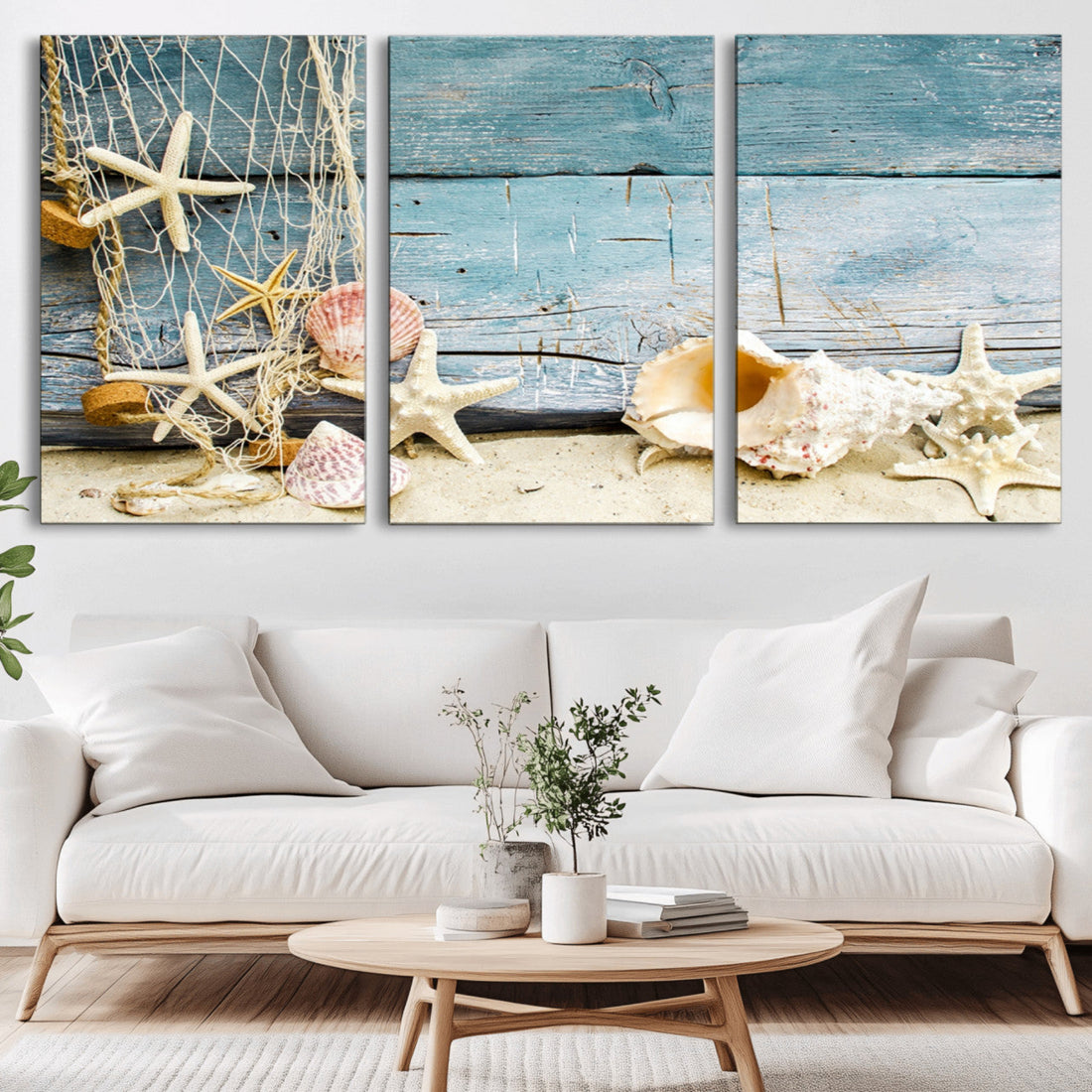 Seashells on Rustic Wooden Background, Seashells Wall Art