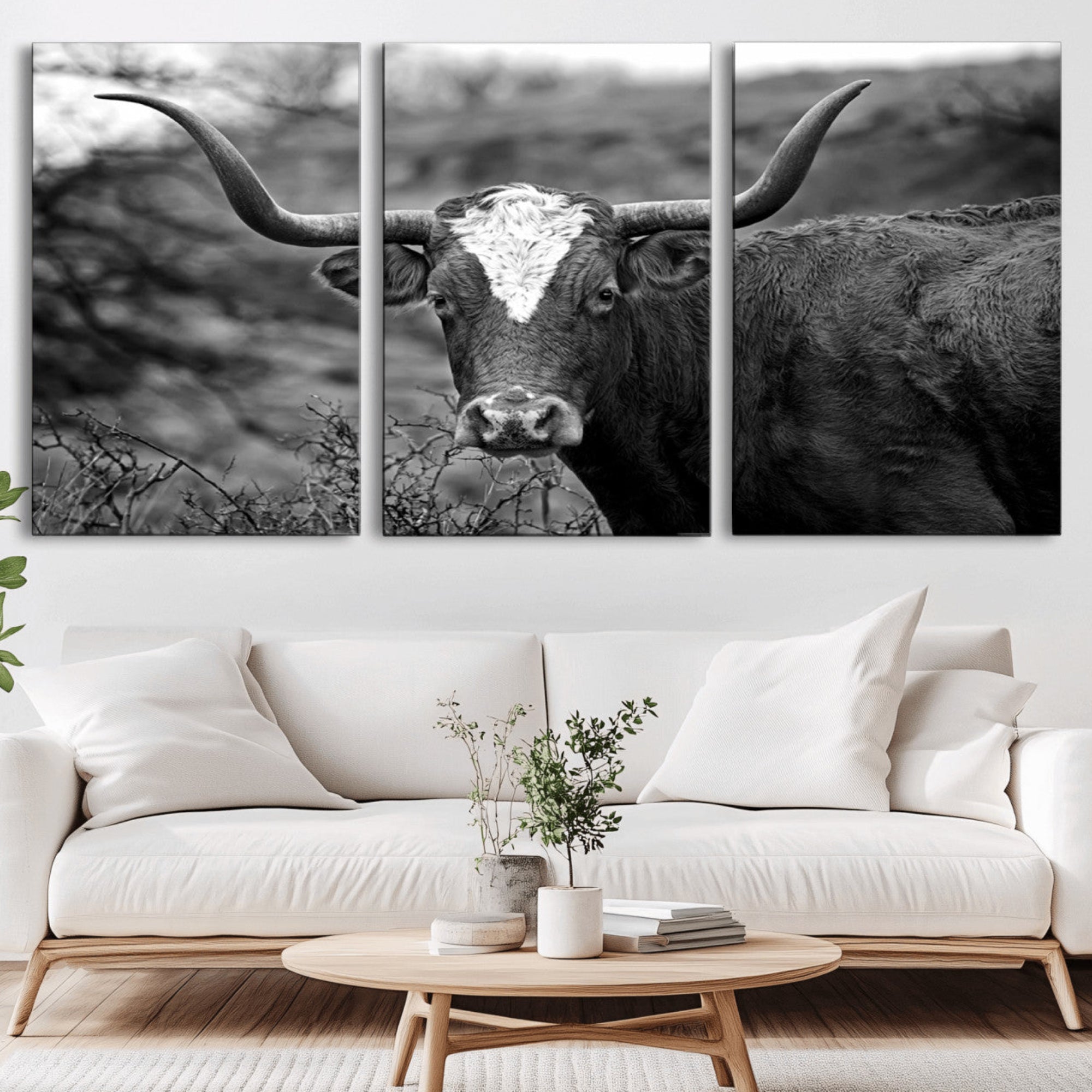 76200-MGV-CV-36X24-Western Home Wall Art Canvas Print, Framed Texas Longhorn Art Picture Print, Rustic Cow Perfect Rustic Farmhouse Decor Artwork