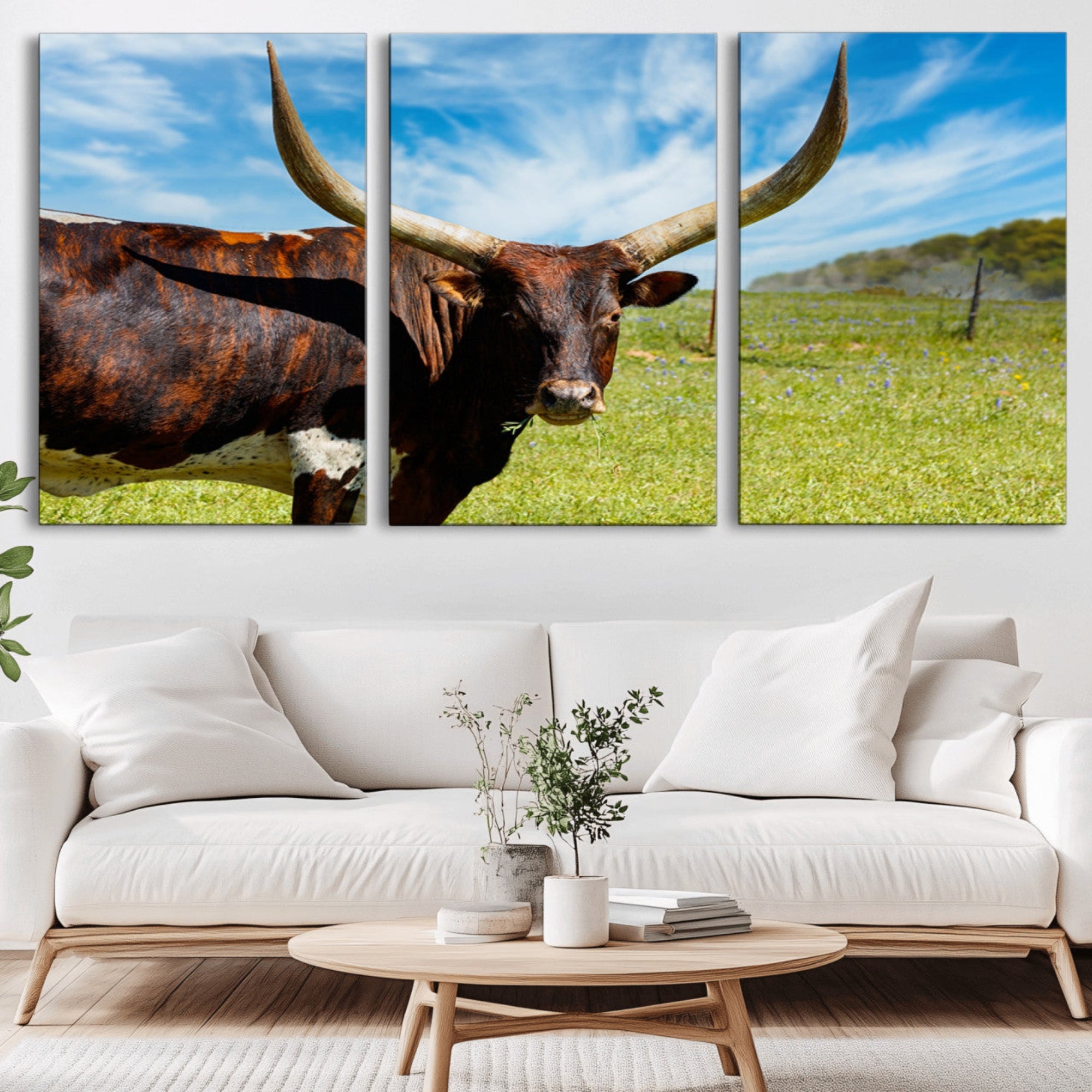 47037-MGV-CV-36X24-Longhorn and Cow Wall Art, Country Cow Wall Decor Canvas Print
