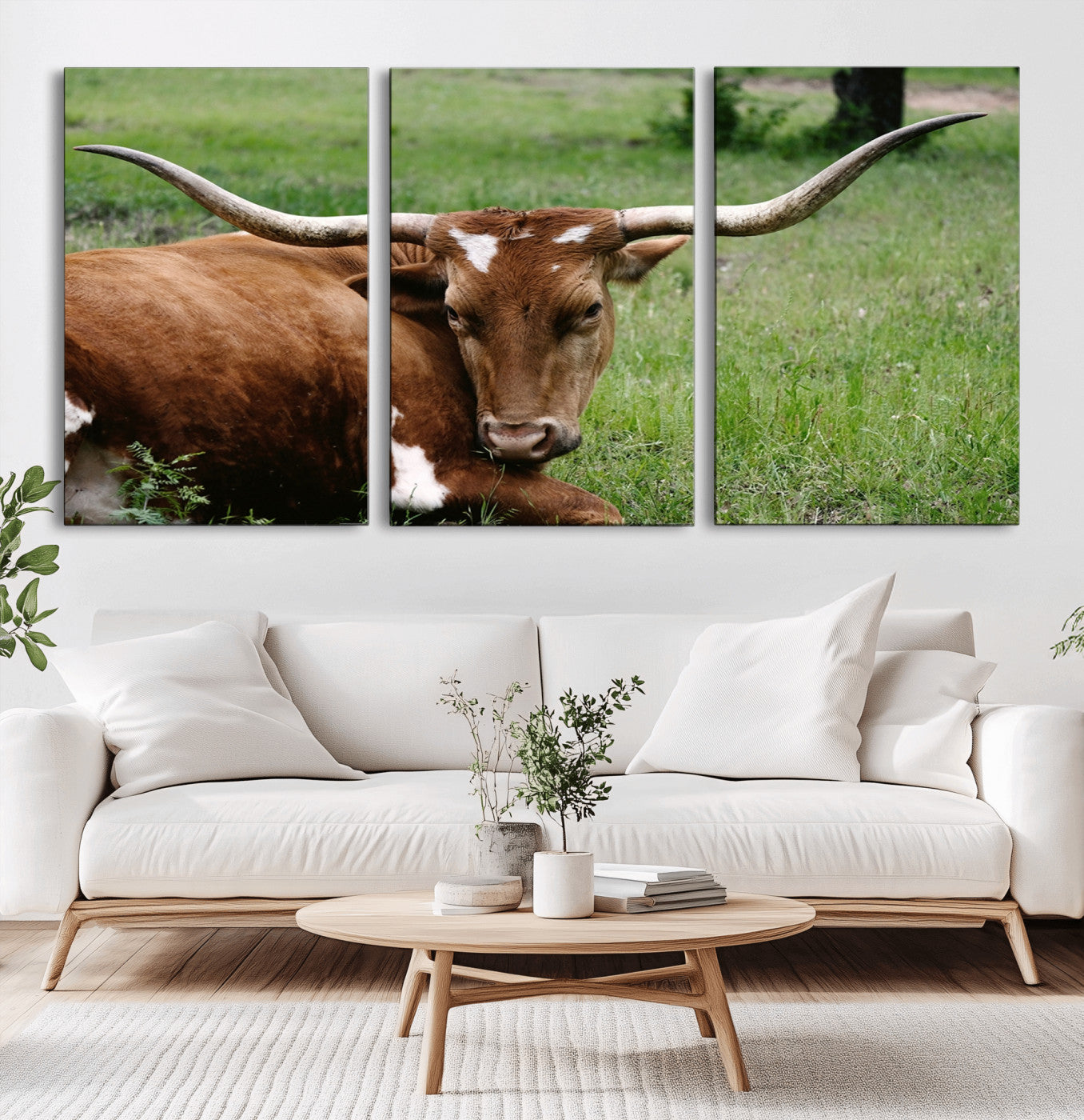 -Longhorn Steer Canvas Wall Art – Rustic Nature Triptych Decor for Living Room or Office – Ready to