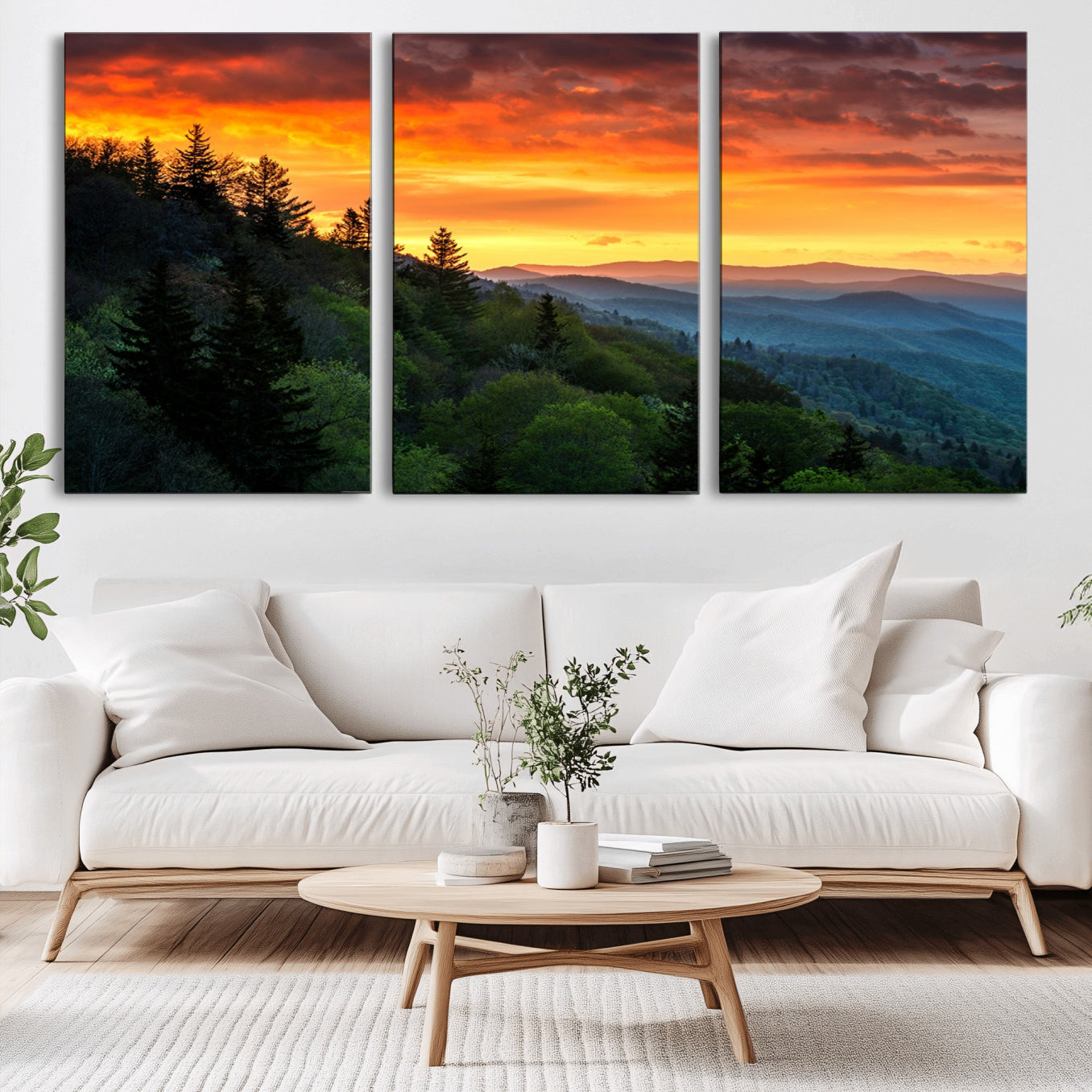 -Great Smoky Mountains Sunset Wall Art Canvas Print | 3 Panel Large Nature Landscape Photography for