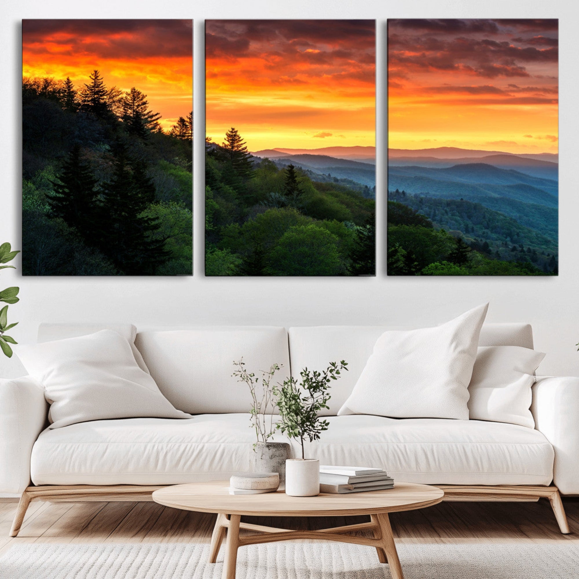28501-MGV-CV-36X24-Great Smoky Mountains Sunset Wall Art Canvas Print | 3 Panel Large Nature Landscape Photography for