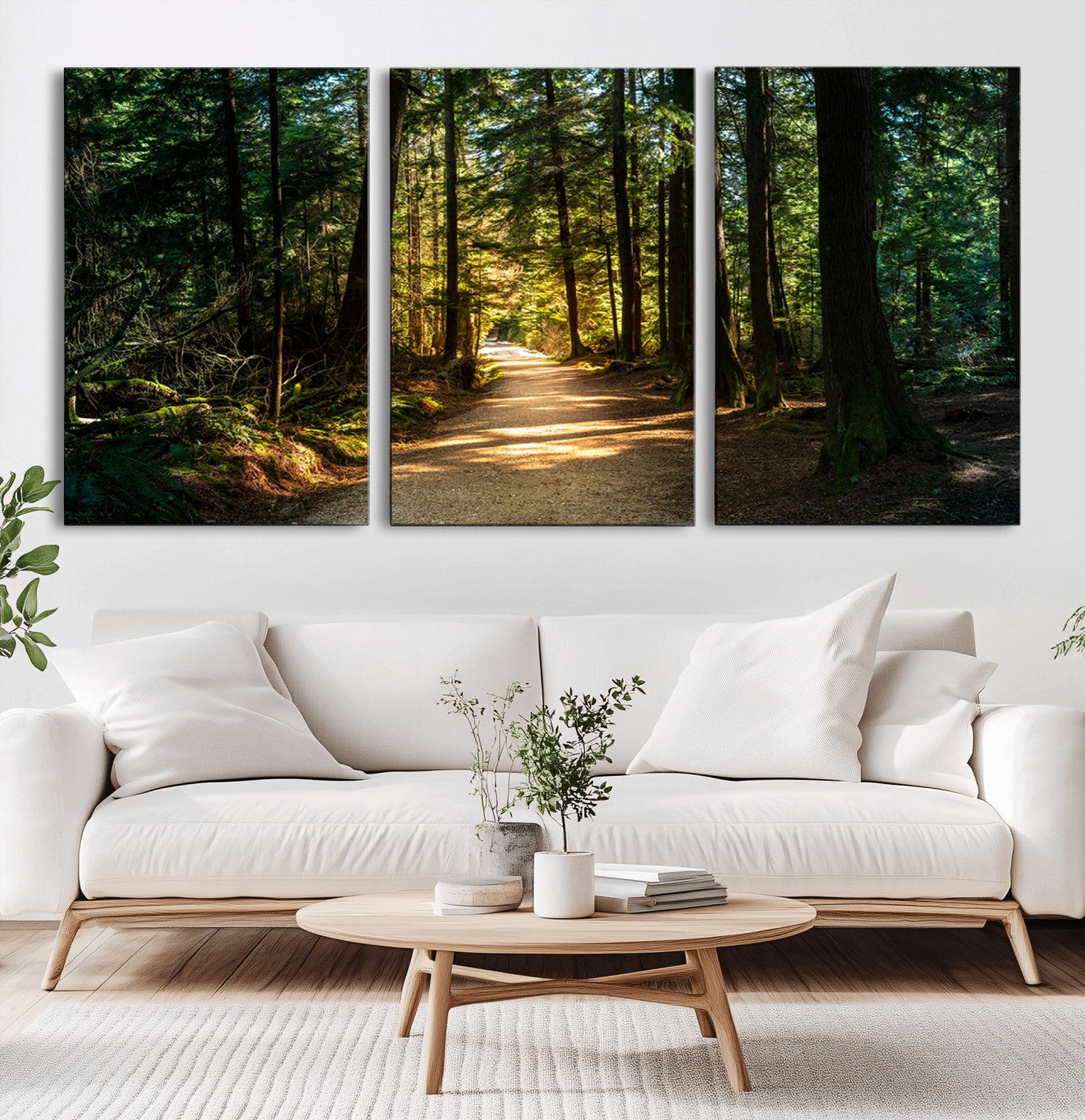 -Sunlit Forest Pathway Canvas Print | 3 Panel Large Nature Wall Art for Living Room, Office, or