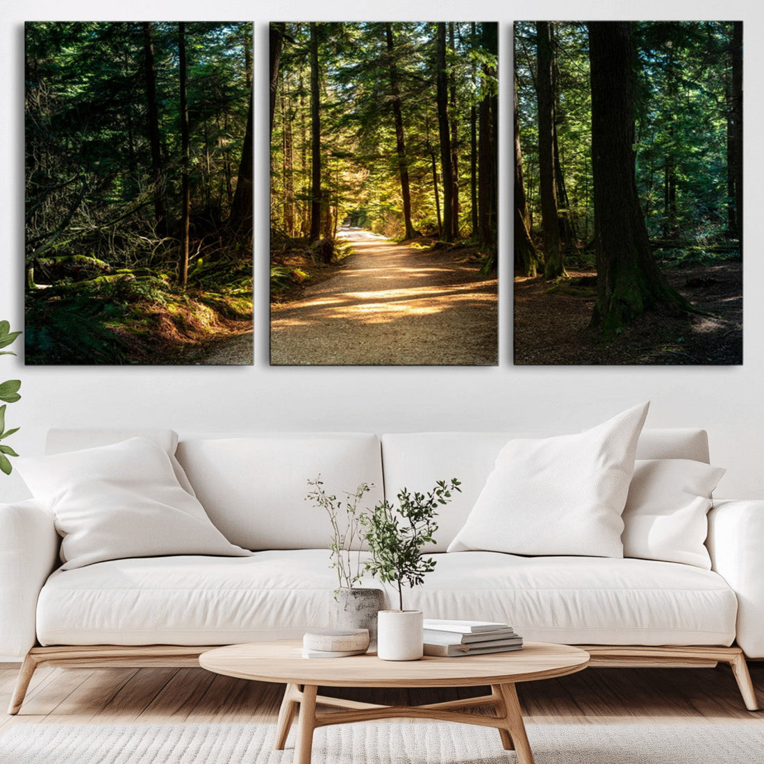 Sunlit Forest Pathway Canvas Print | 3 Panel Large Nature Wall Art