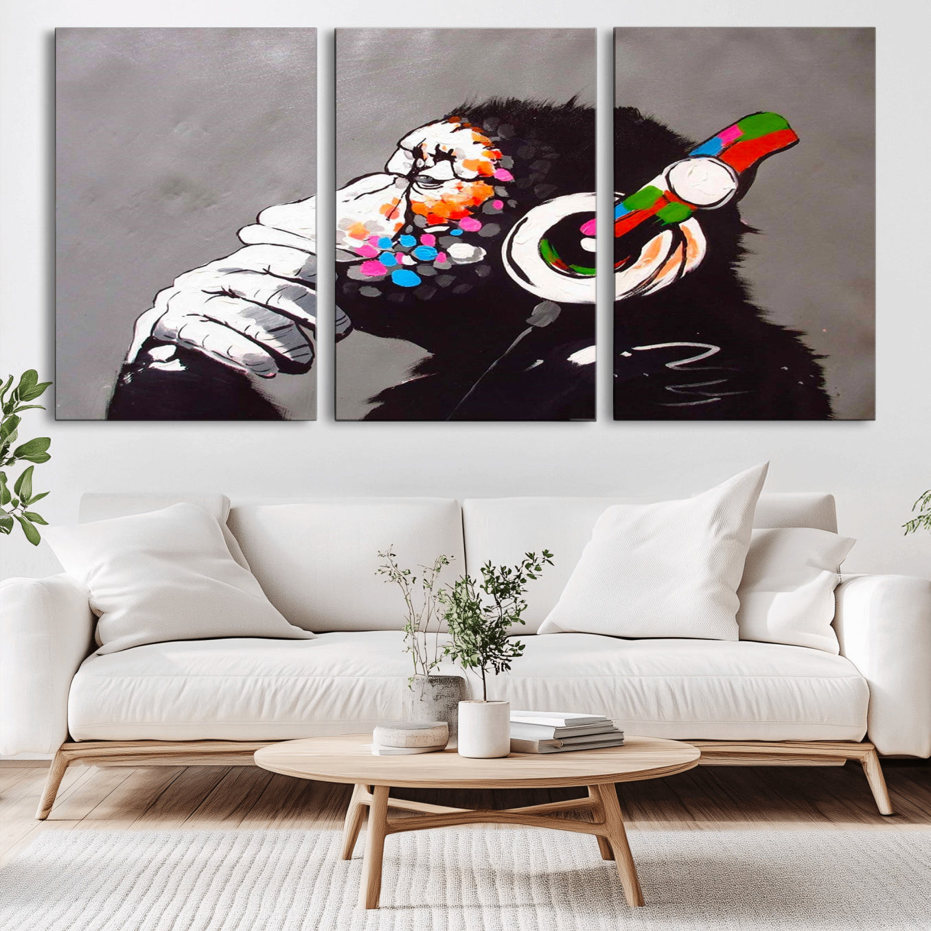 56887-MGV-CV-36X24-Dj Monkey Listening to Music Wall Art Print | Banksy Monkey Large Canvas Print for Living Room,