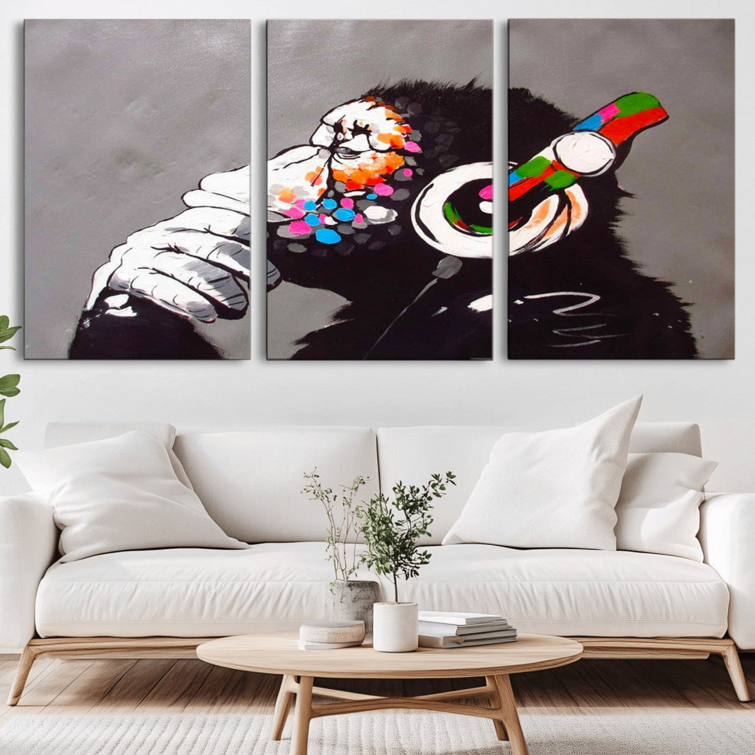 DJ Monkey Listening to Music Wall Art Print | Banksy Monkey Large Canvas Print
