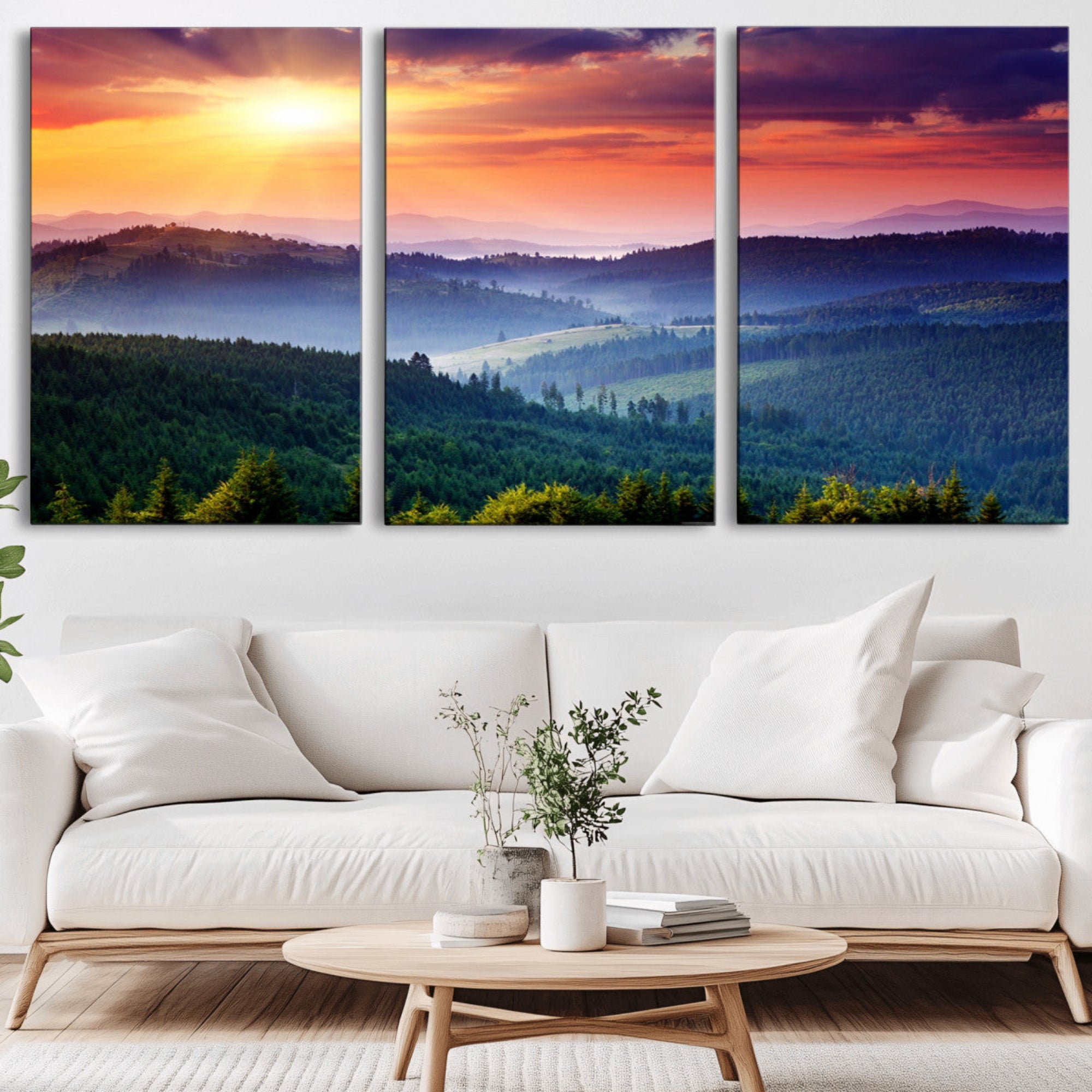 86411-MGV-CV-36X24-Beautiful Sunset over Hills Forest Landscape Canvas Wall Art Print