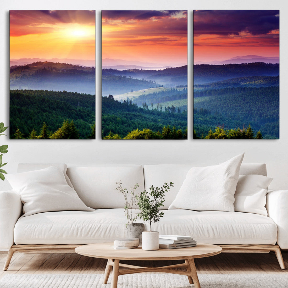 Sunset over Mountain Canvas Print, Forest Canvas Wall Art | Triptych Nature Landscape