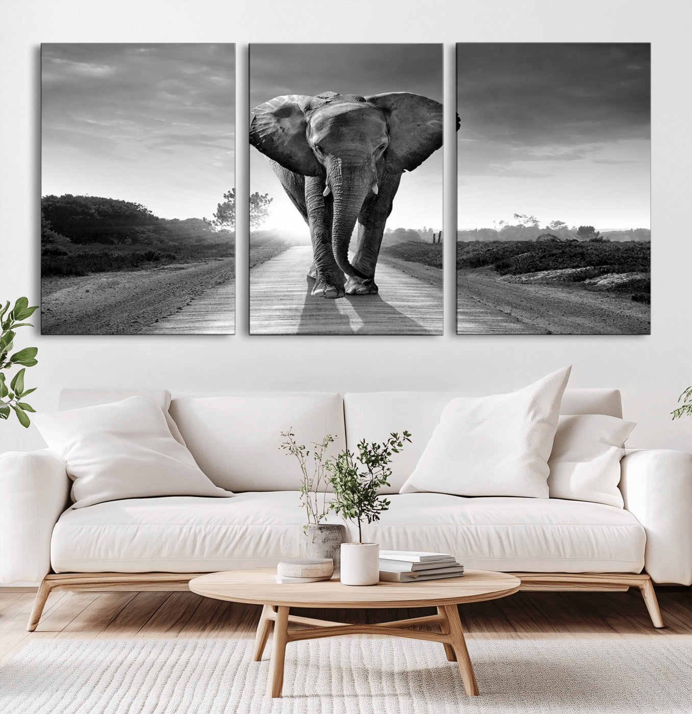 -Black and White Elephant Wall Art Canvas Print