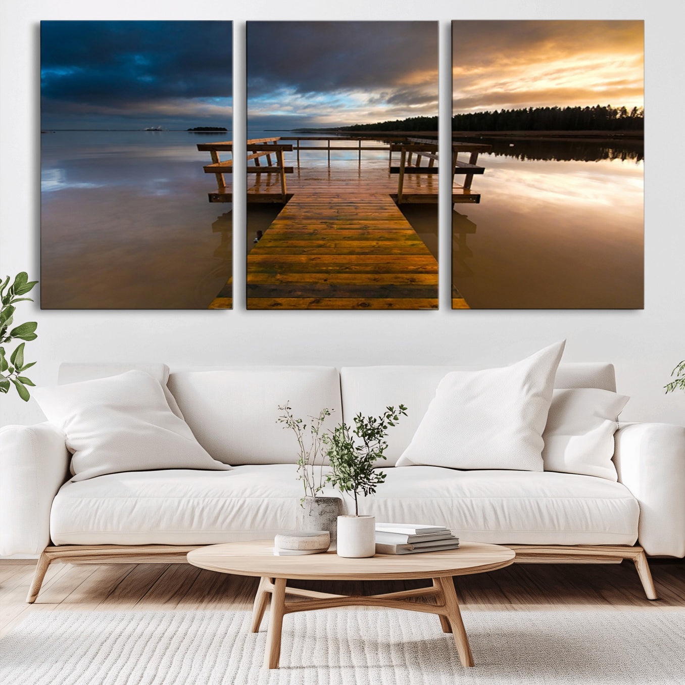 -Serene Lake Pier at Sunset Canvas Print | Landscape Canvas Print | Ready to Hang and Framed Wall Art
