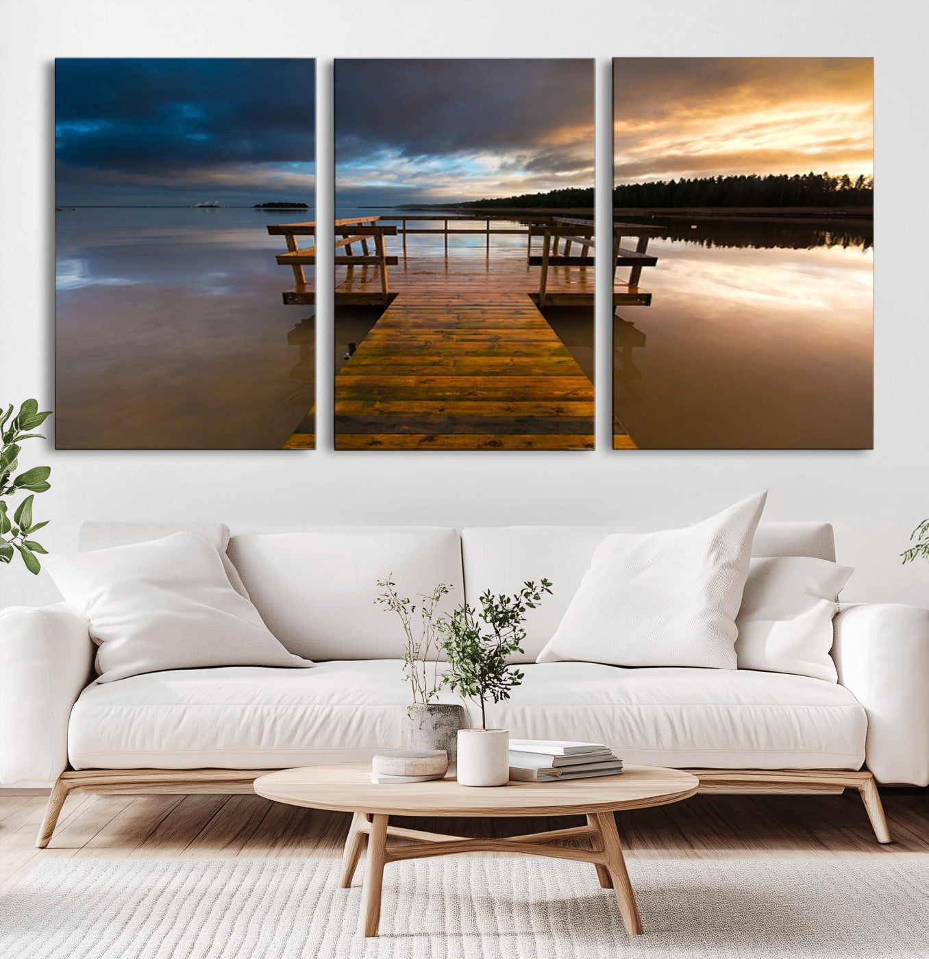 -Serene Lake Pier at Sunset Canvas Print | Landscape Canvas Print | Ready to Hang and Framed Wall Art