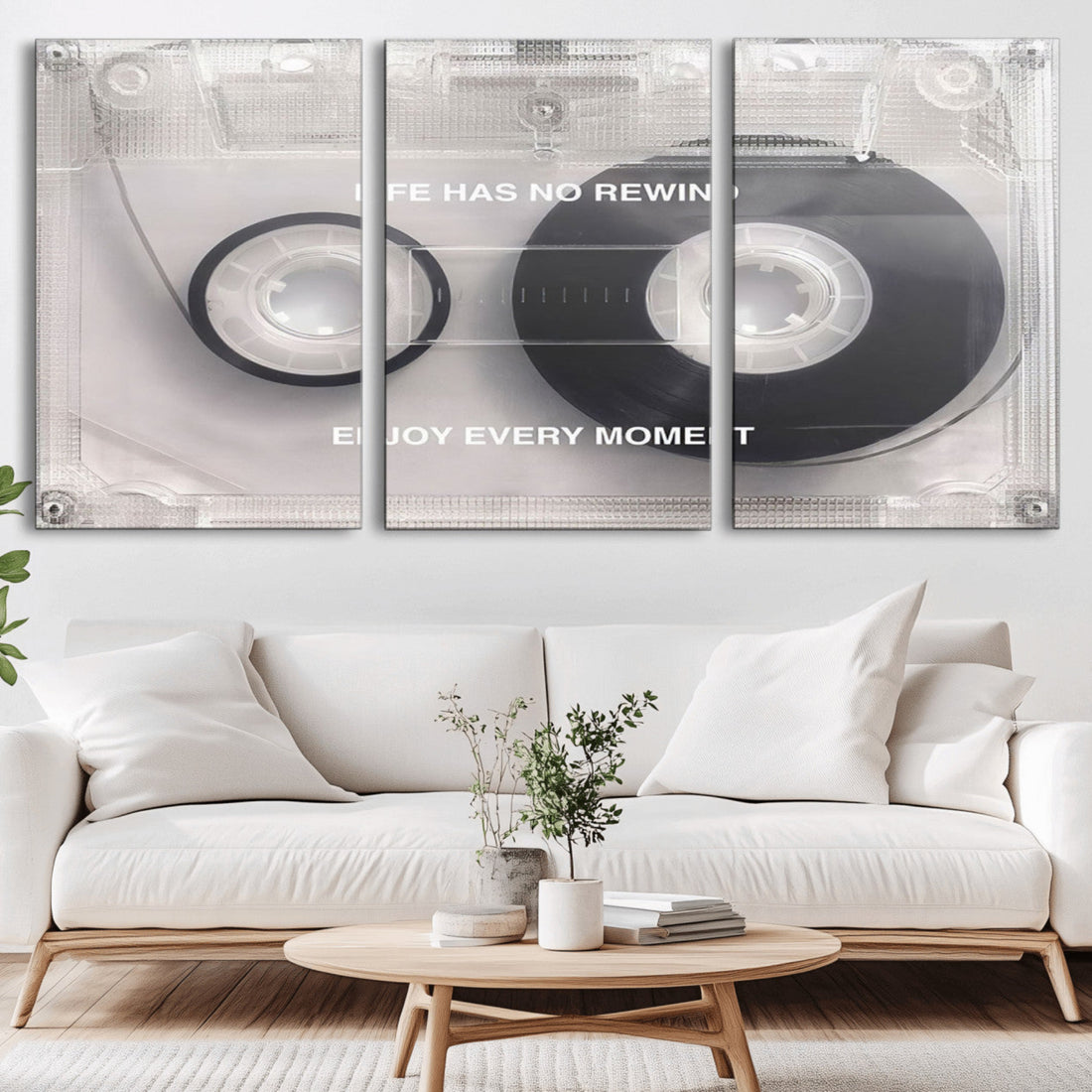 Vintage Cassette Tape Canvas Wall Art, Inspirational 'Life Has No Rewind' Quote, Retro Music Decor