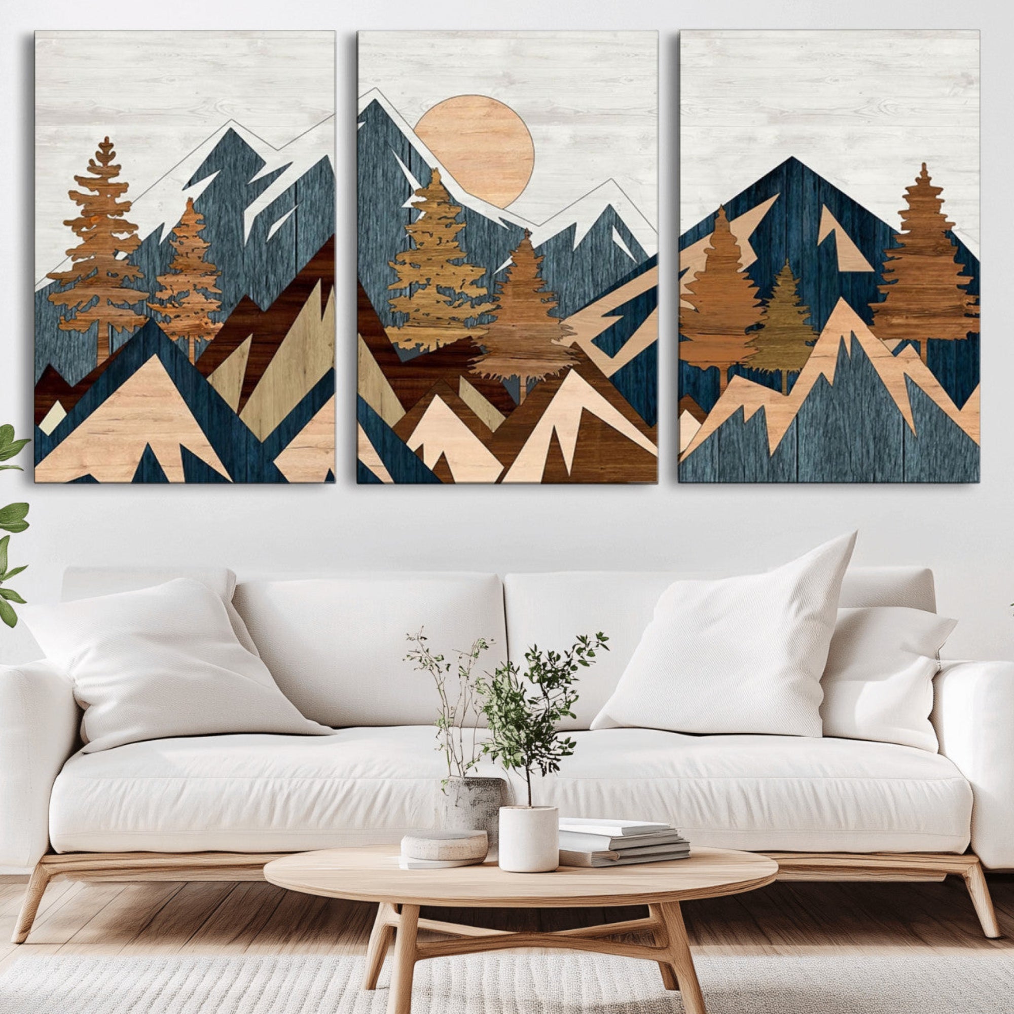 91467-MGV-CV-36X24-Abstract Wood Panel Effect Mountain Range Top Wall Art Canvas Print