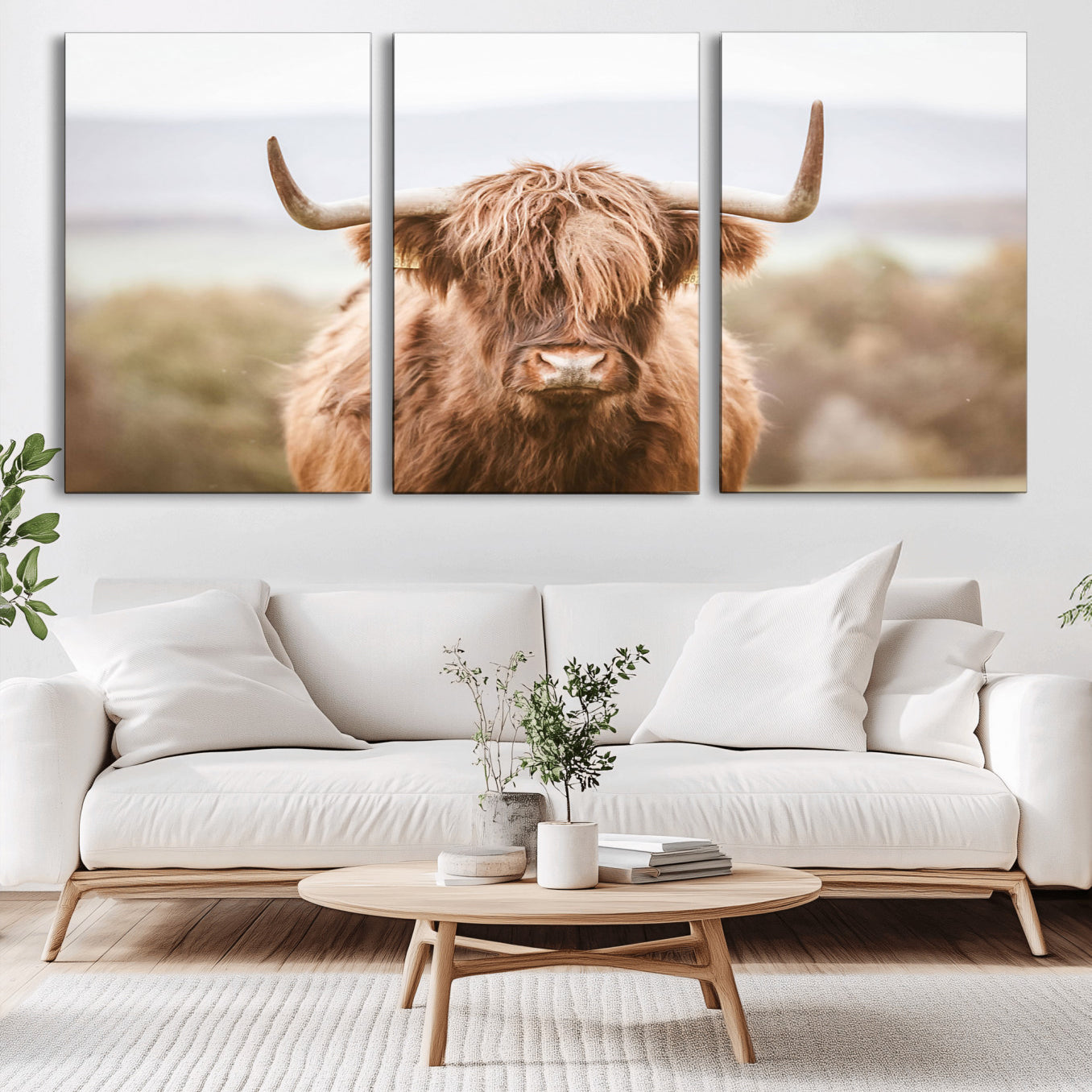 -Scottish Serene Highland Cow Canvas Wall Art – Serene Highland Cow in Natural Pastel Tones – Ready