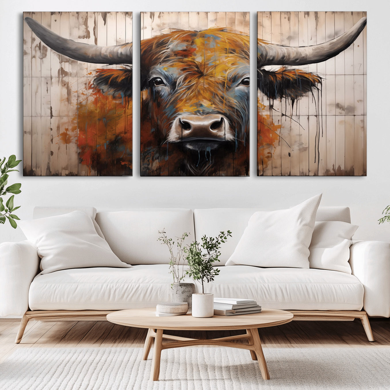 -Scottish Highland Cow Cattle Art Print on Wood Style Background