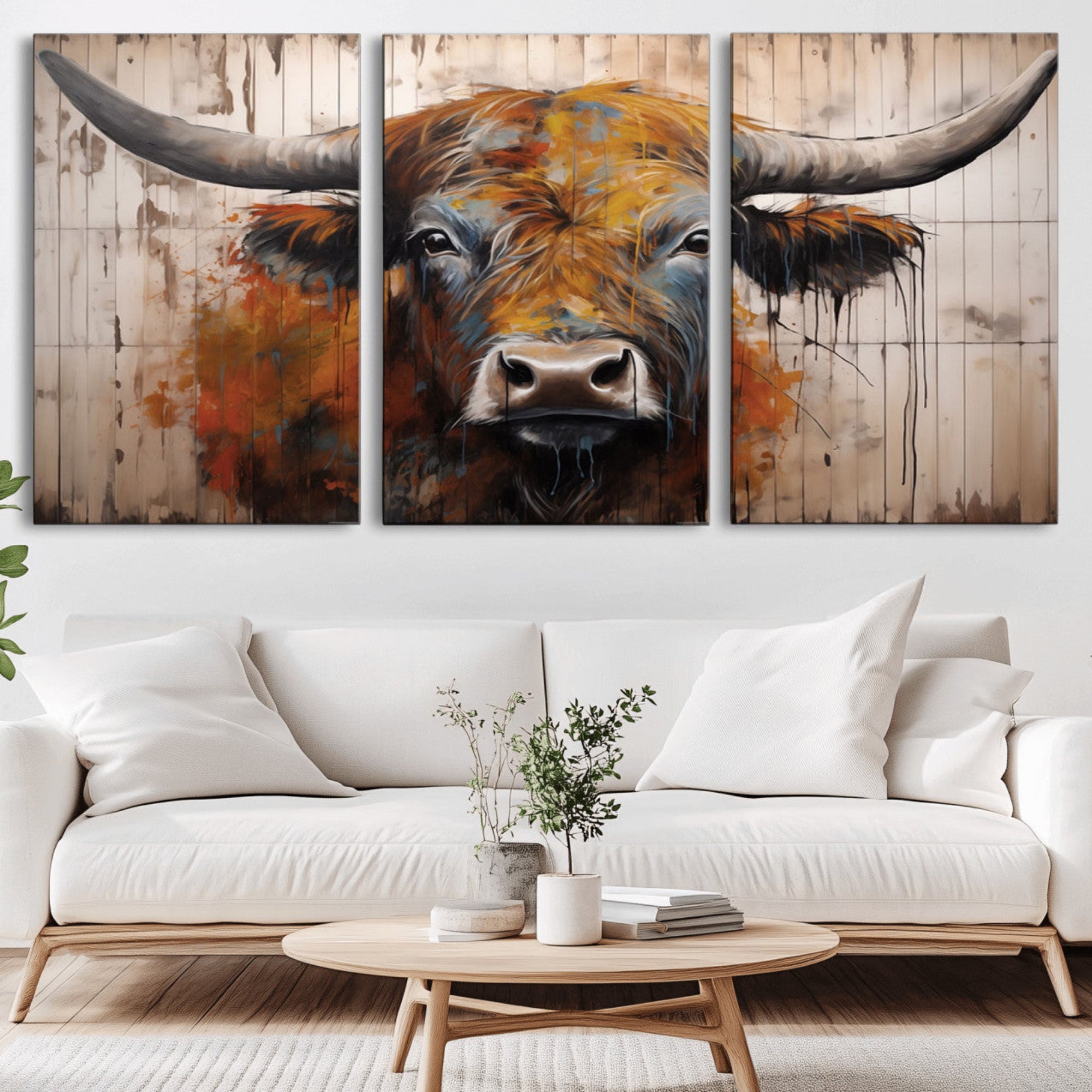 47284-MGV-CV-36X24-Scottish Highland Cow Cattle Art Print on Wood Style Background
