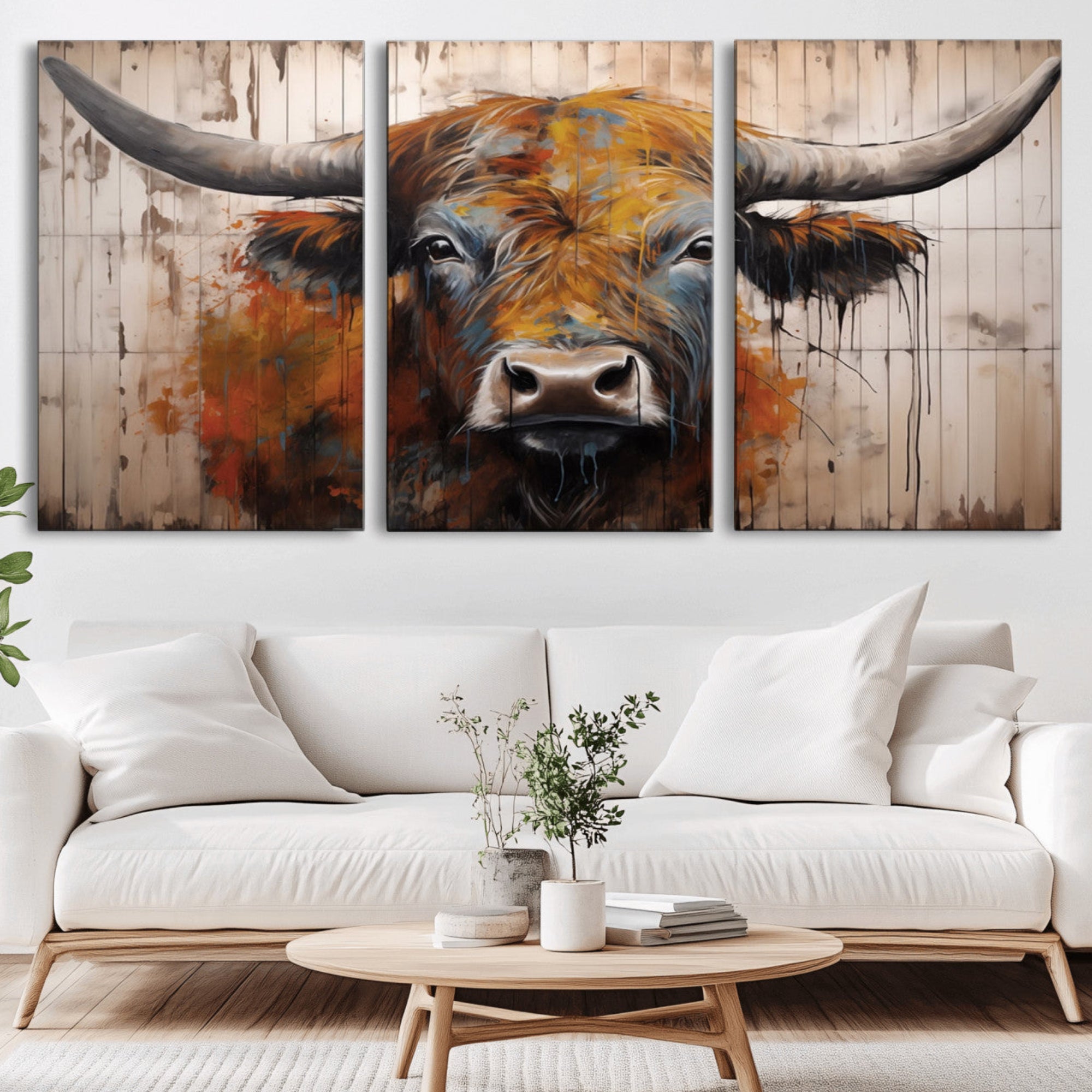 47284-MGV-CV-36X24-Abstract Bull Highland Cow Canvas Wall Art Print – Vibrant Rustic Charm in Modern Farmhouse Decor –
