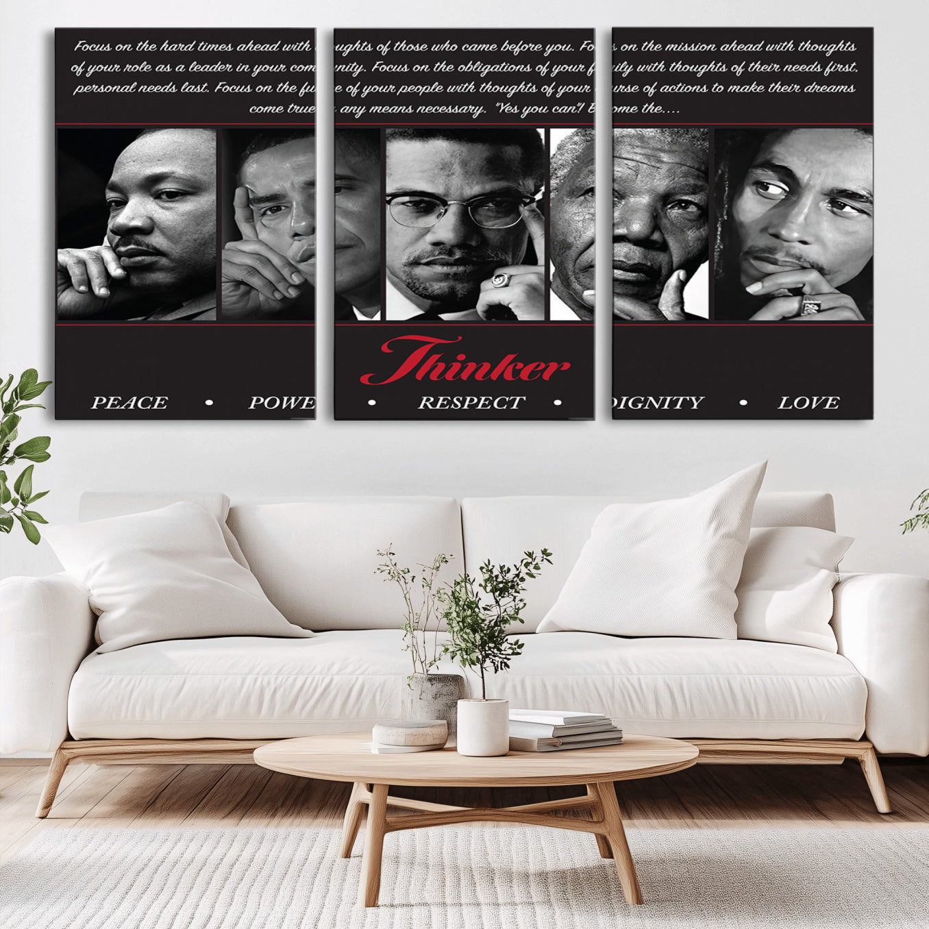 -Thinker Quintet Canvas Wall Art – Martin, Obama, Malcolm X, Mandela, Marley Featuring Peace, Power,