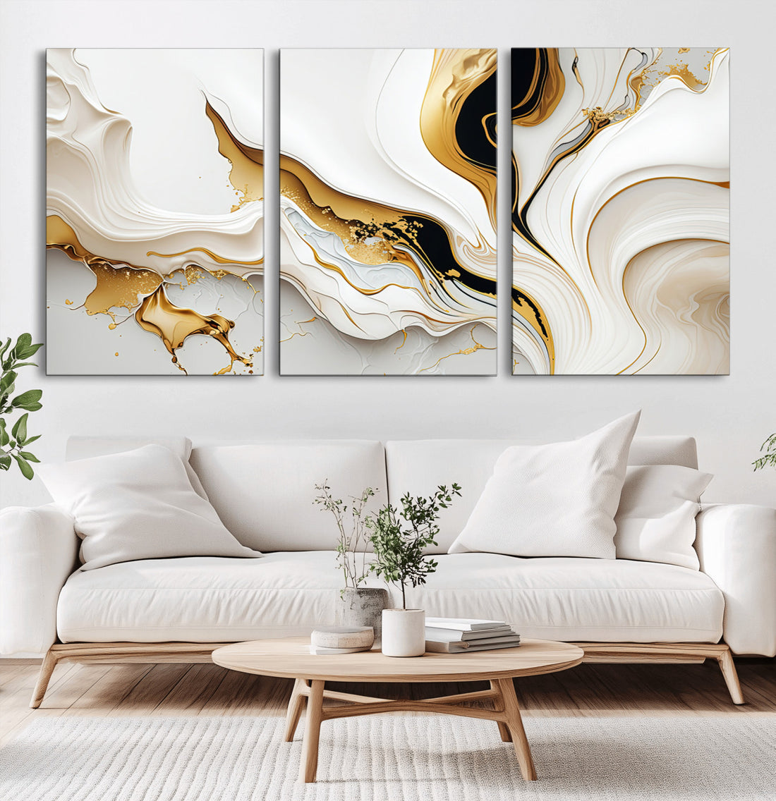 Gold Waves on Pure White Canvas, Gold Abstract Art for Modern Interiors