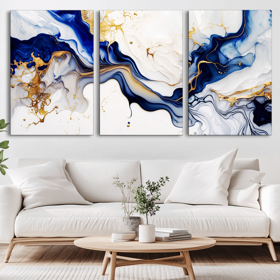 Golden Cascades on Midnight Blue, Deep Blue Abstract Wall Art Canvas Print