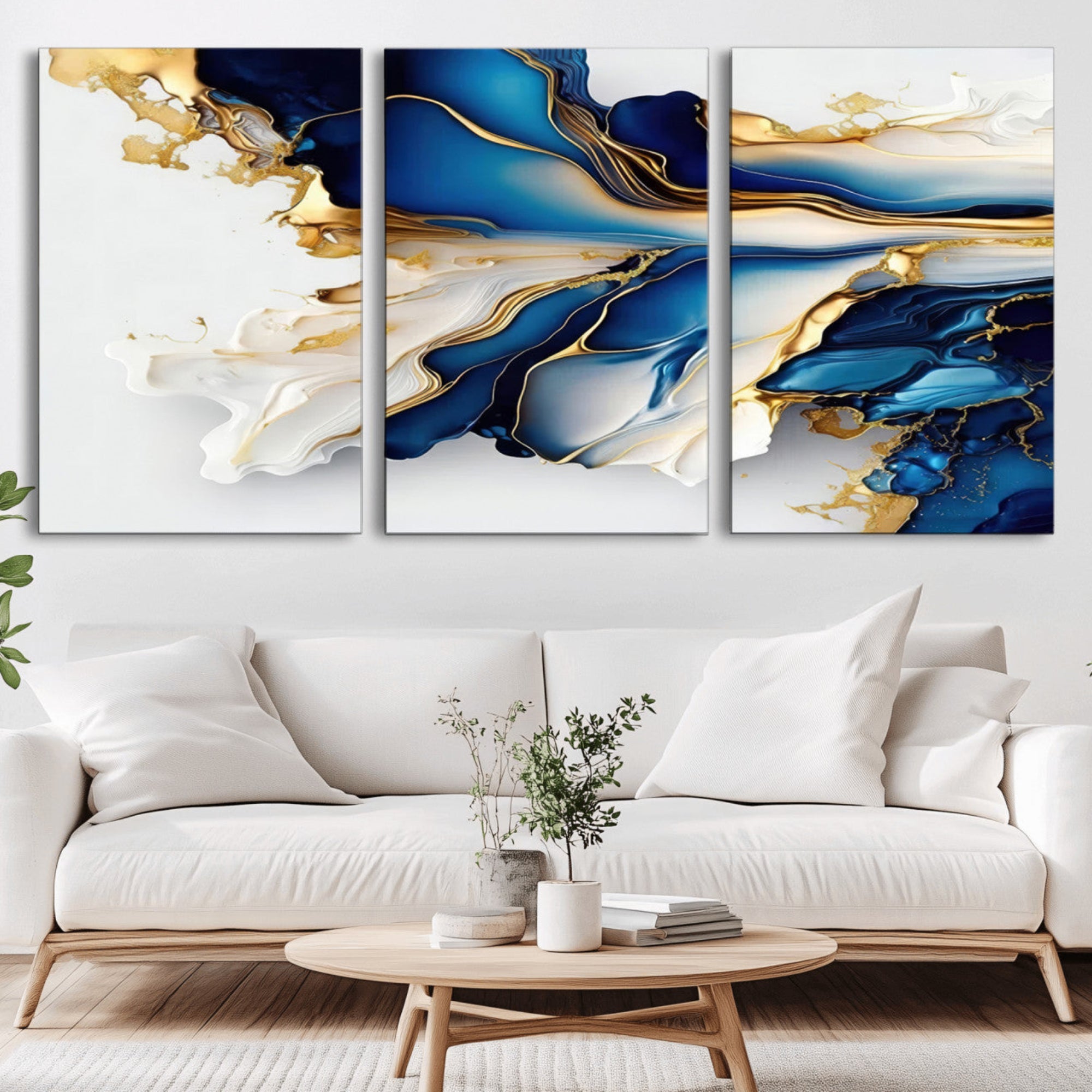 65693-MGV-CV-36X24-Gold Marble Art - Abstract Geode Gold And Blue Marble Shape 3 Pieces Wall Art Canvas Print