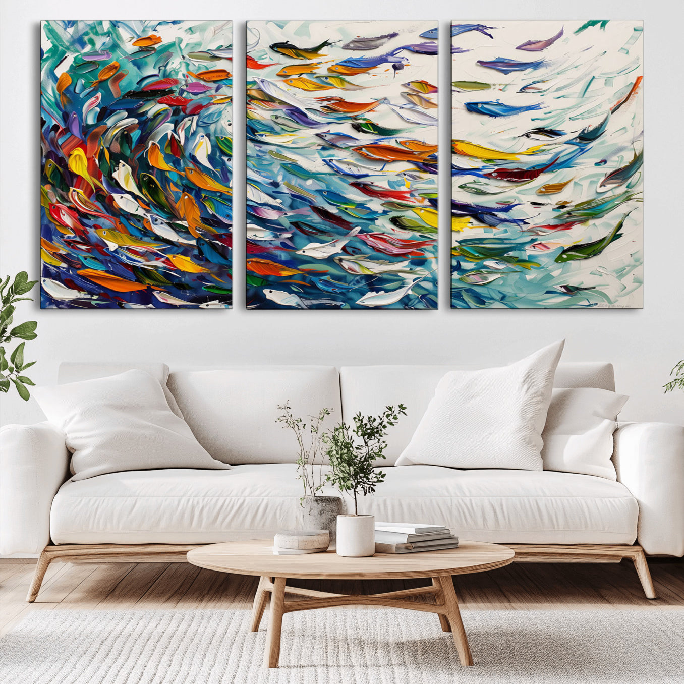 -Modern Abstract Fish Shoal Wall Art Canvas Print, Colorful Fish Herd Painting on Canvas Print, Ocean