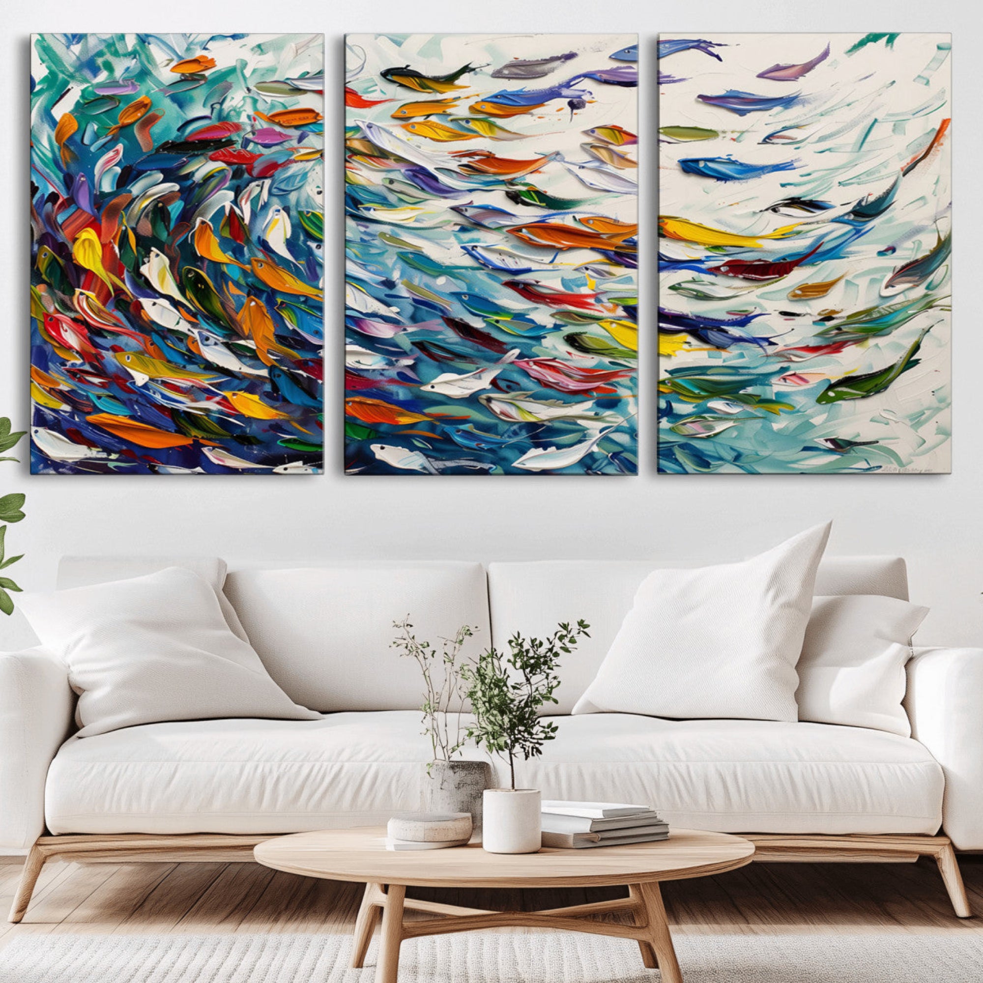 80105-MGV-CV-36X24-Modern Abstract Fish Shoal Wall Art Canvas Print, Colorful Fish Herd Painting on Canvas Print, Ocean