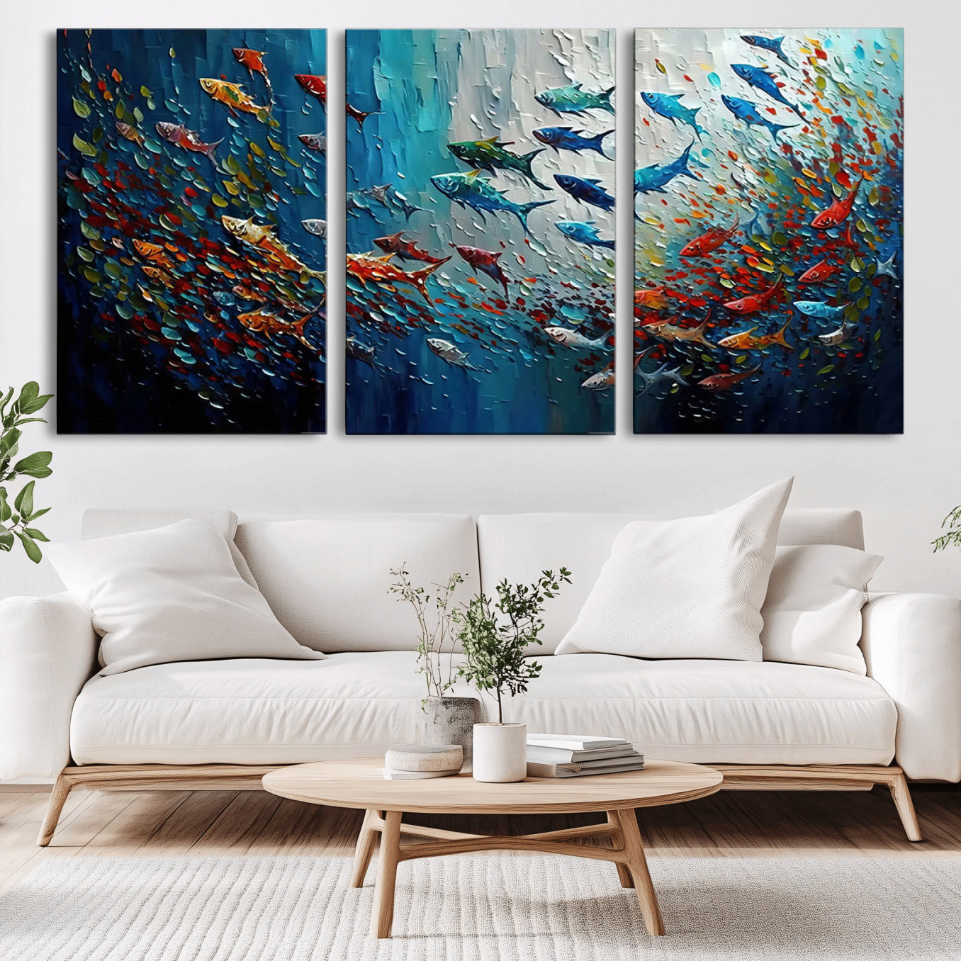 -Modern Abstract Fish Shoal Wall Art Canvas Print, Colorful Fish Herd Painting on Canvas Print, Ocean