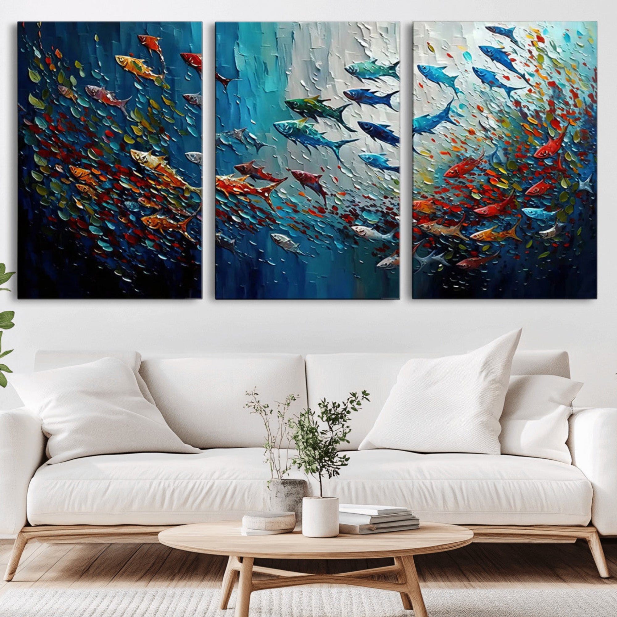 89626-MGV-CV-36X24-Modern Abstract Fish Shoal Wall Art Canvas Print, Colorful Fish Herd Painting on Canvas Print, Ocean