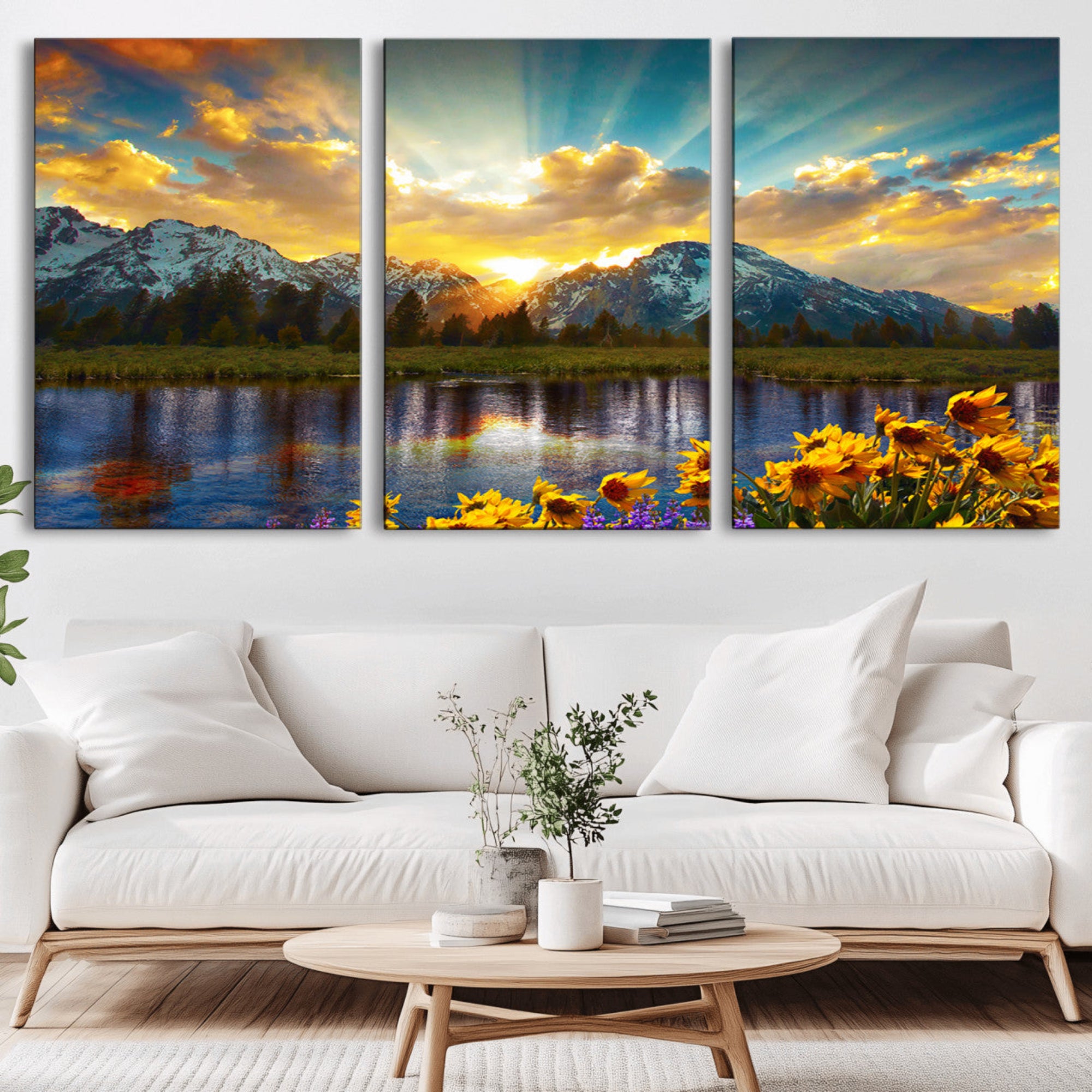 42292-MGV-CV-36X24-Mountain Sunrise Wall Art – Vibrant Landscape Canvas Print with Wildflowers and River Reflection, Nature Scenery Decor for Living Room or Bedroom