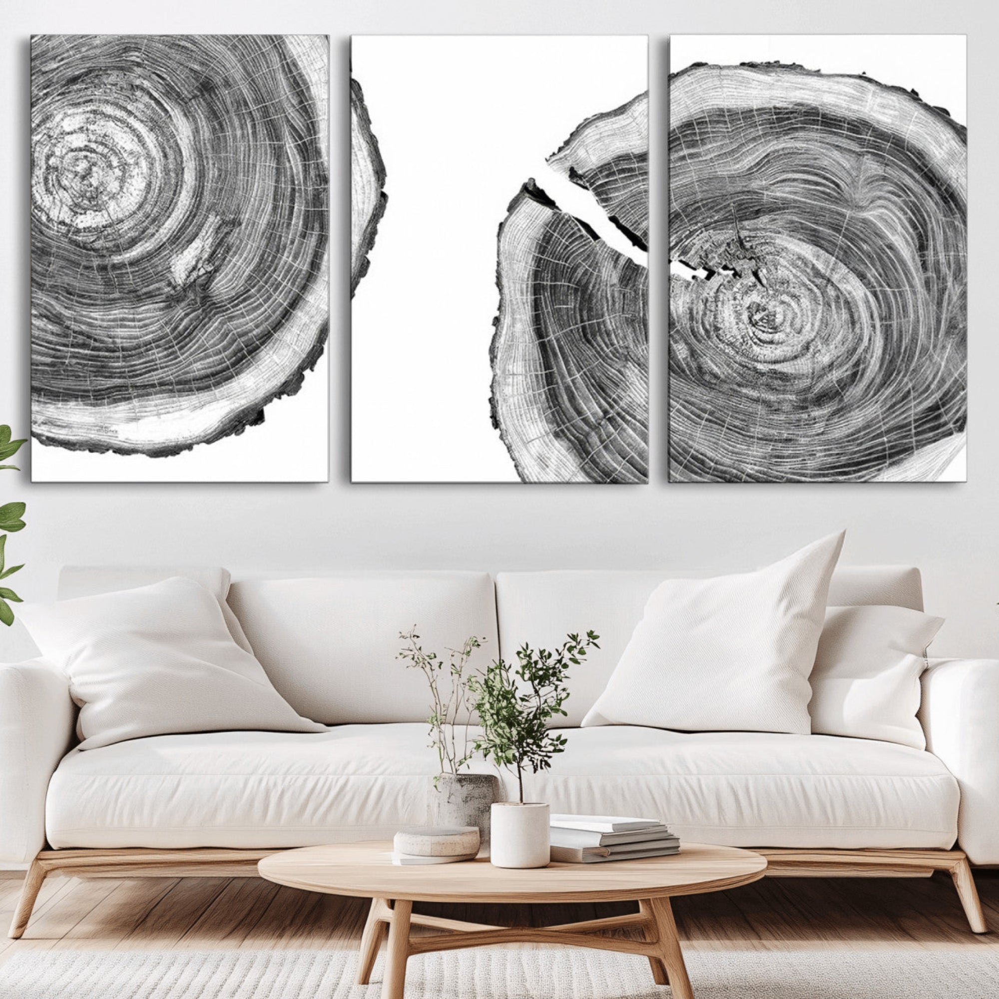 23016-MGV-CV-36X24-Modern Black and White Tree Rings Canvas Wall Art – Nature Inspired Wood Slice Print – Minimalist