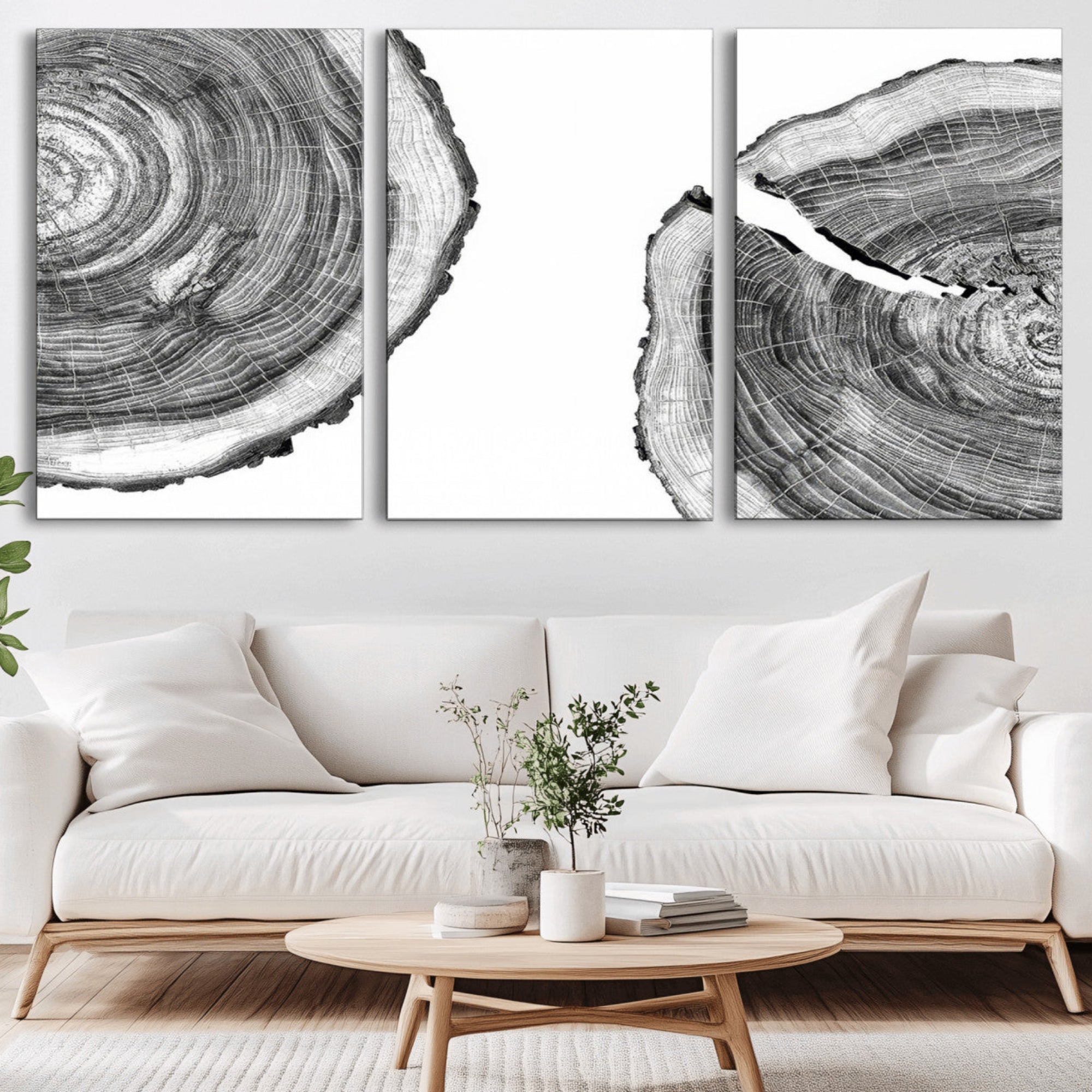 52770-MGV-CV-36X24-Abstract Large Tree Rings – Minimalist Black and White Wood Art | Triptych Canvas, Modern Wall Decor