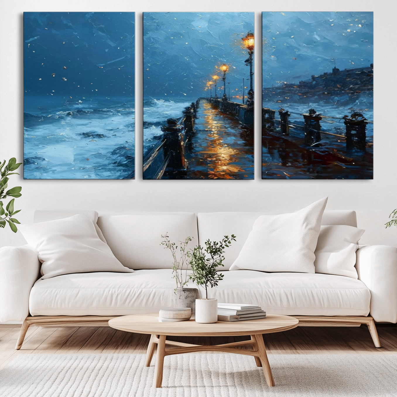 47244-MGV-CV-36X24-Stormy Night at Beach Pier Oil Painting Large Wall Art Print, Framed Canvas Nature Wall Decor,