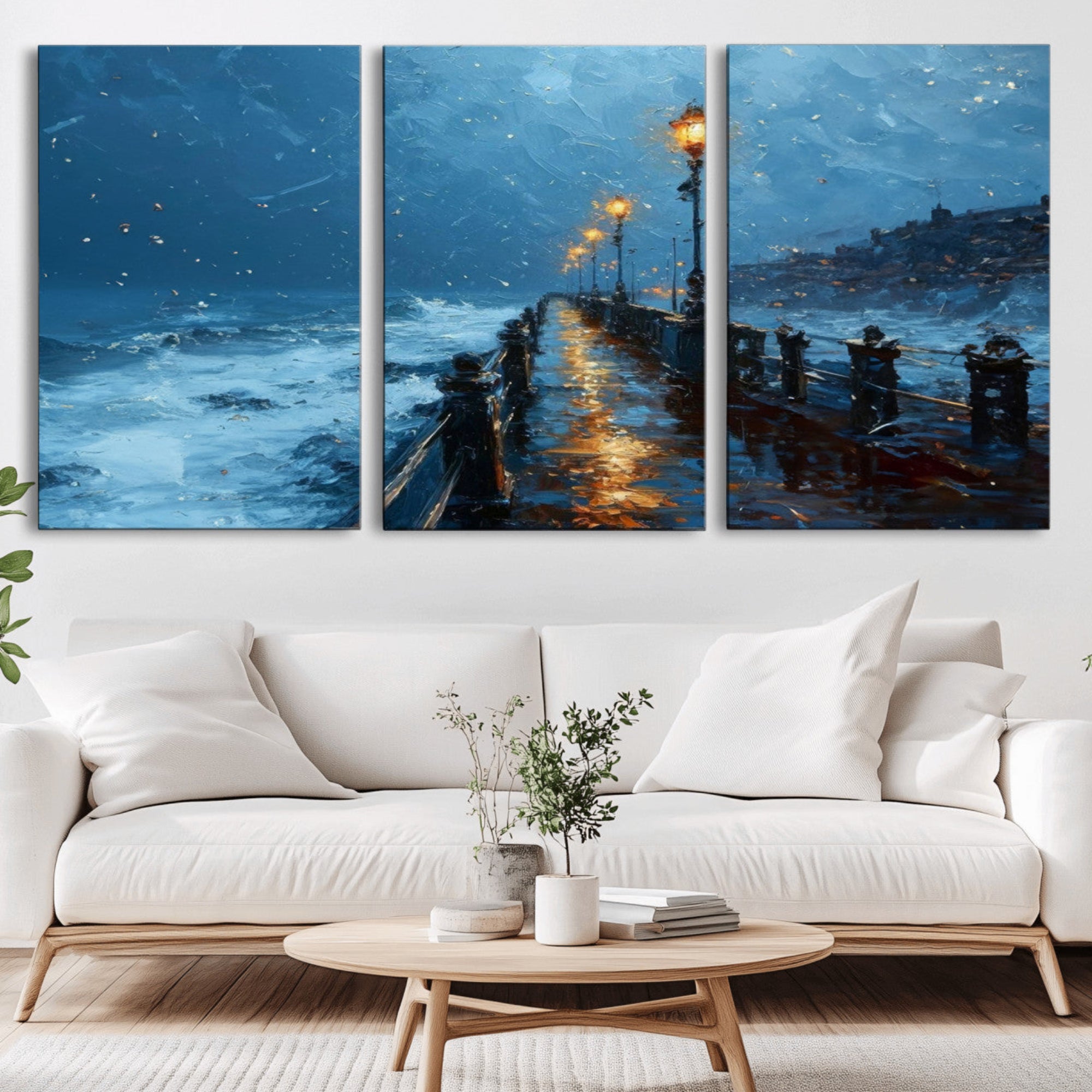 47244-MGV-CV-36X24-Stormy Night at Beach Pier Oil Painting Large Wall Art Print, Framed Canvas Nature Wall Decor,