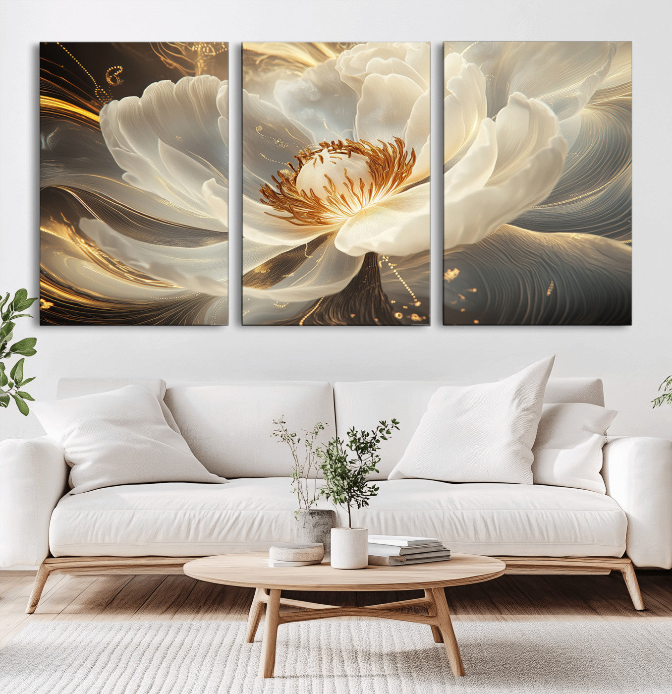 88383-MGV-CV-36X24-Gold Floral Wall Art Canvas Print, Framed Modern Flower Art Picture Print, Golden Abstract Perfect Vintage Decor Artwork