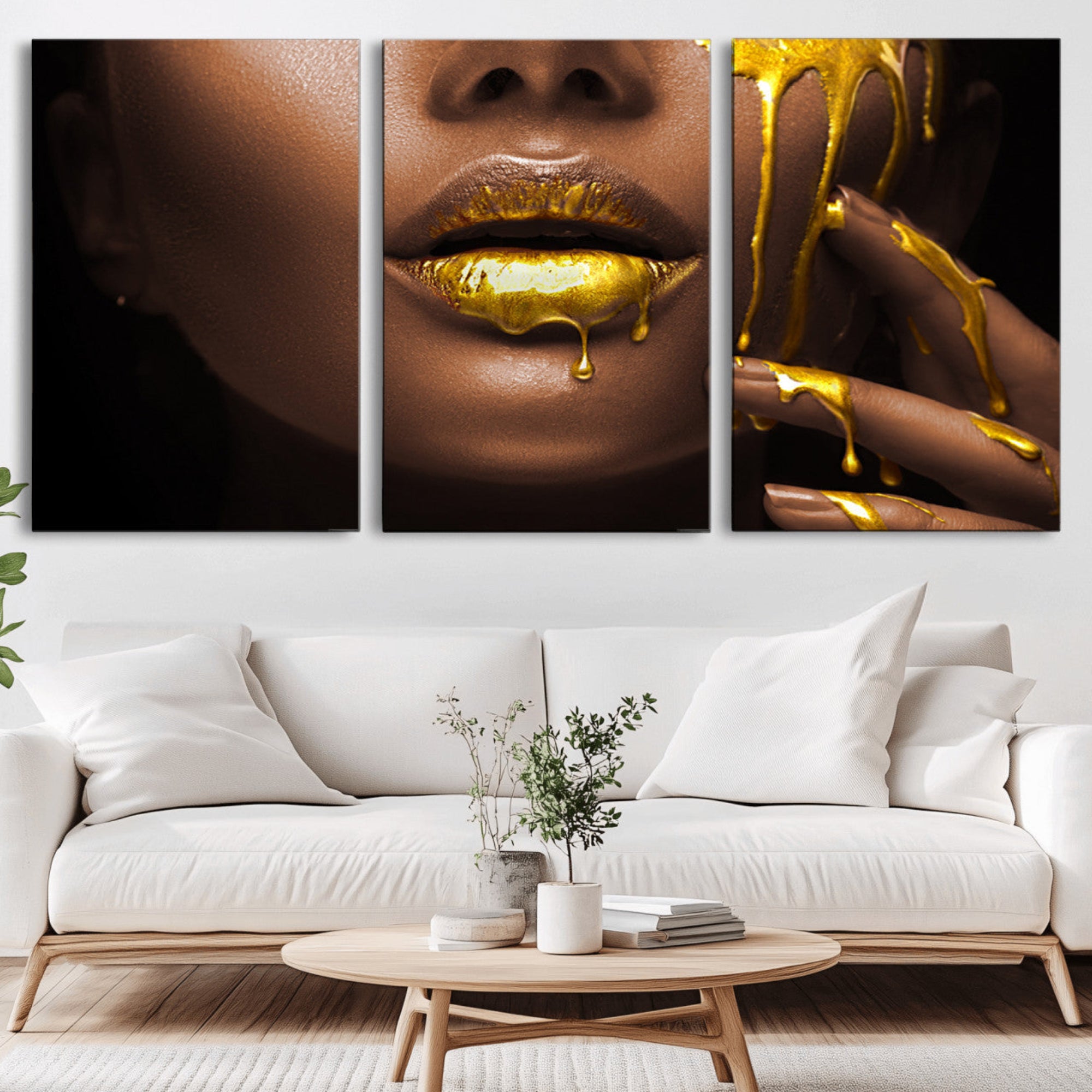 35346-MGV-CV-36X24-African American Art Black Woman Canvas Print, African Wall Art, Fashion African Woman Gold Lips