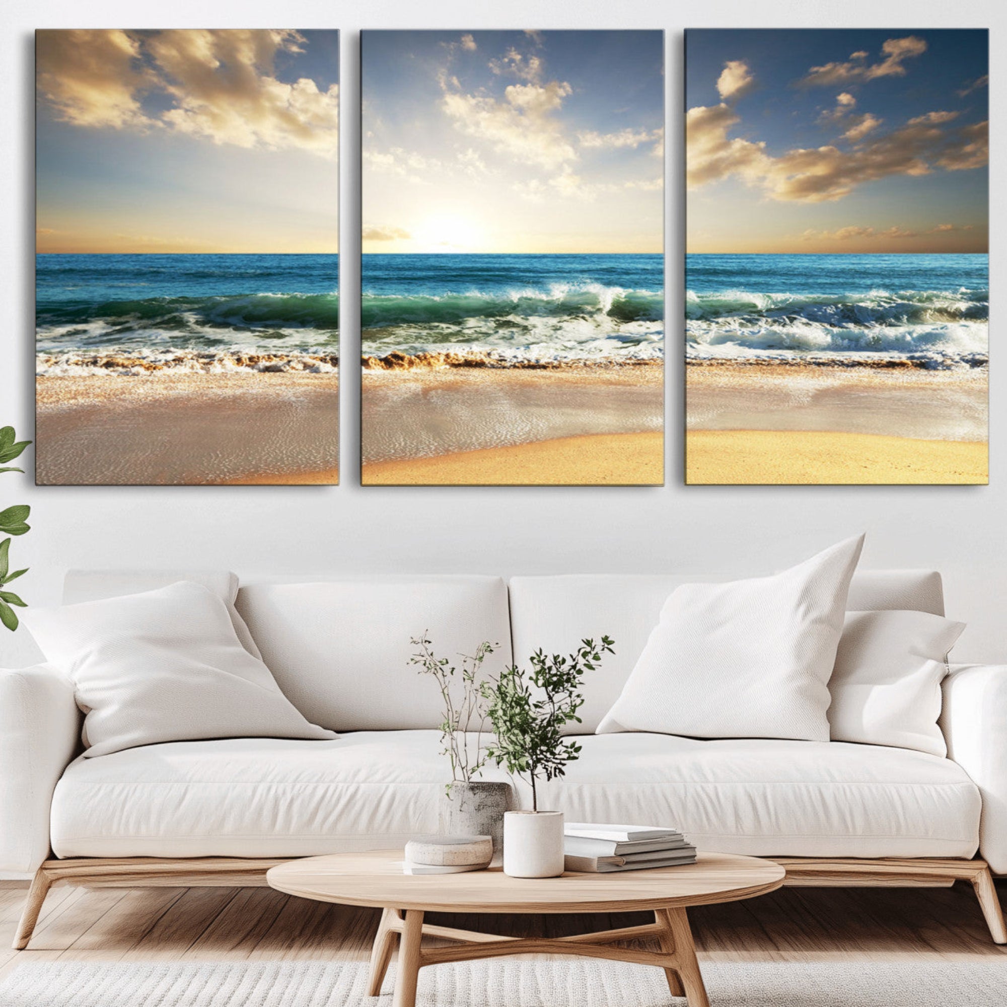 83376-MGV-CV-36X24-Golden Sunset Beach Triptych Canvas Wall Art for Living Room – 3-Panel Ocean View, Framed & Ready to