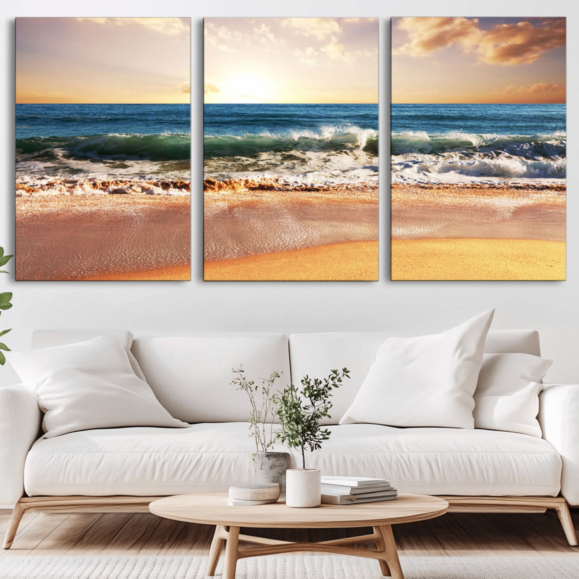 42011-MGV-CV-36X24-Sunset Beach Wall Art - 3-Panel Framed Canvas Print, Ready to Hang Ocean Sunset for Coastal and