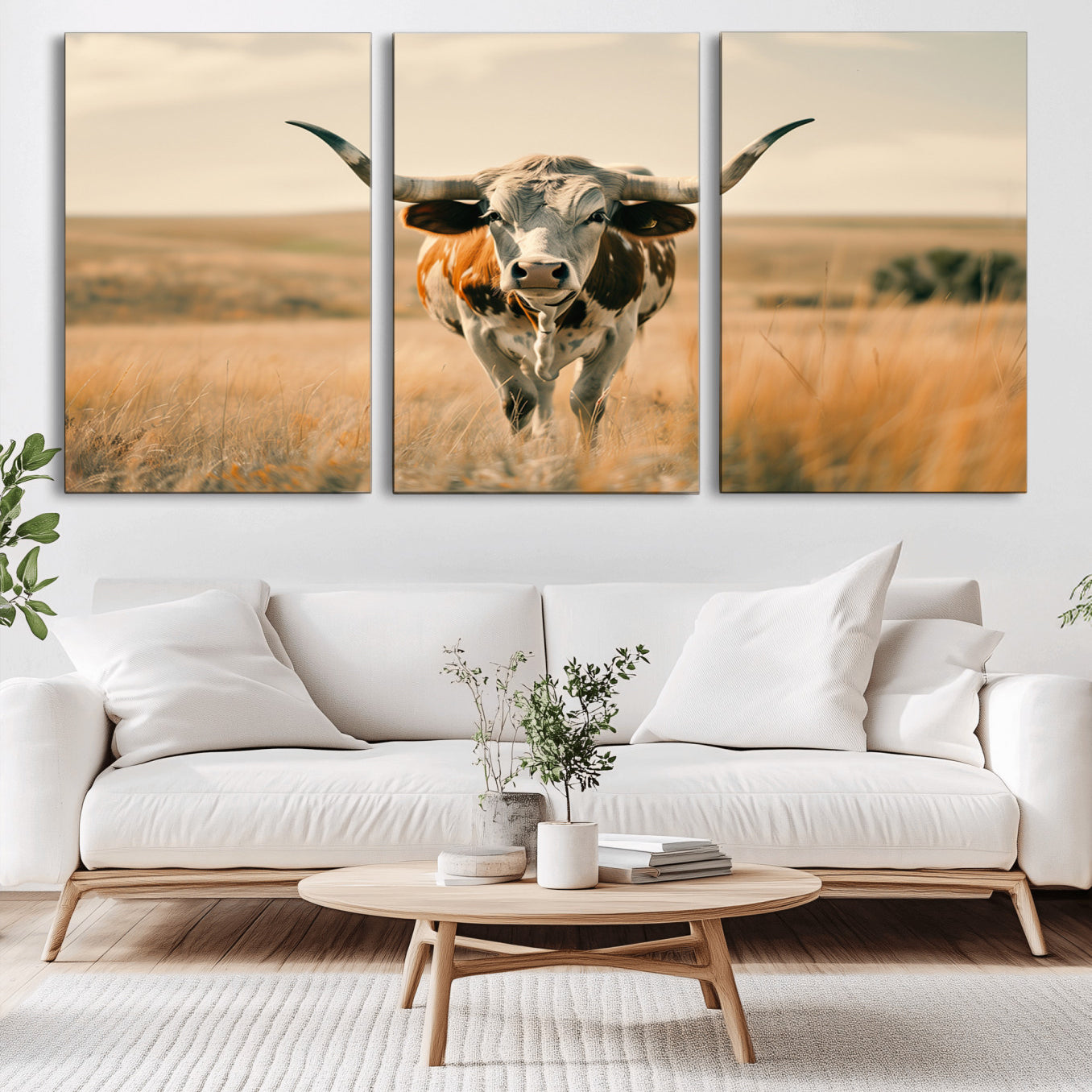 -Texas Cow Longhorn Wall Art Canvas Print for Farm House Wall Decor, Farmhouse Cow Print Canvas Wall