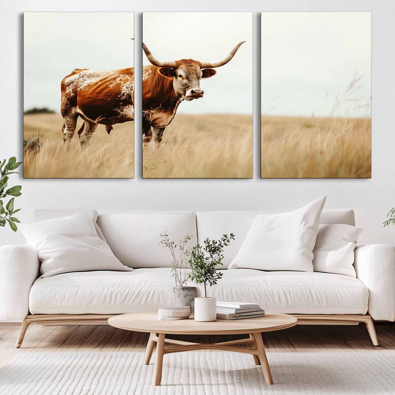 -Texas Longhorn Canvas Wall Art Print – Majestic Western Cattle in Rustic Farmhouse Decor – Cow Wall