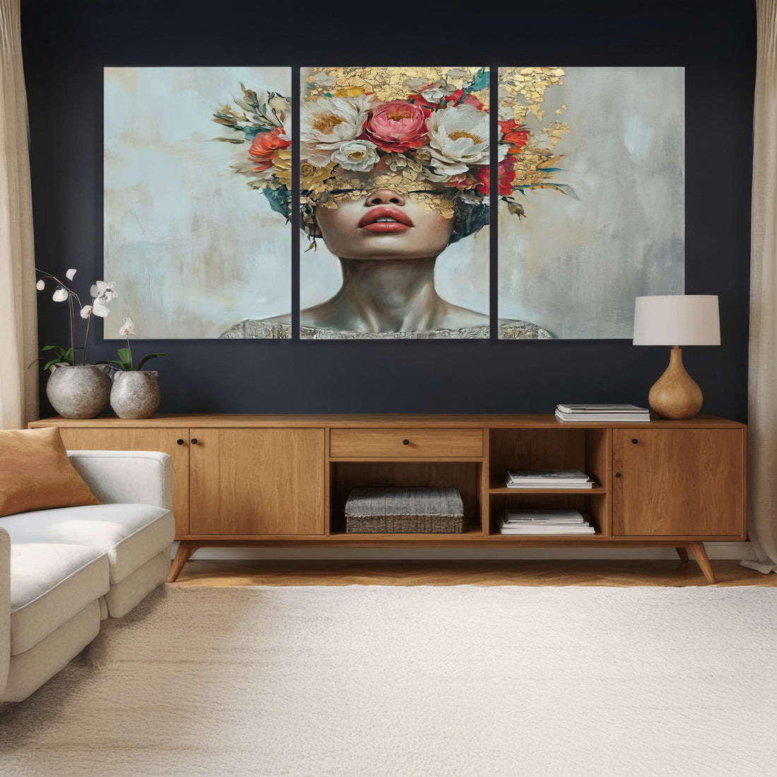 Golden Petal Wall Art Canvas Print, Silhouette Woman Wall Art, Floral Woman Portrait