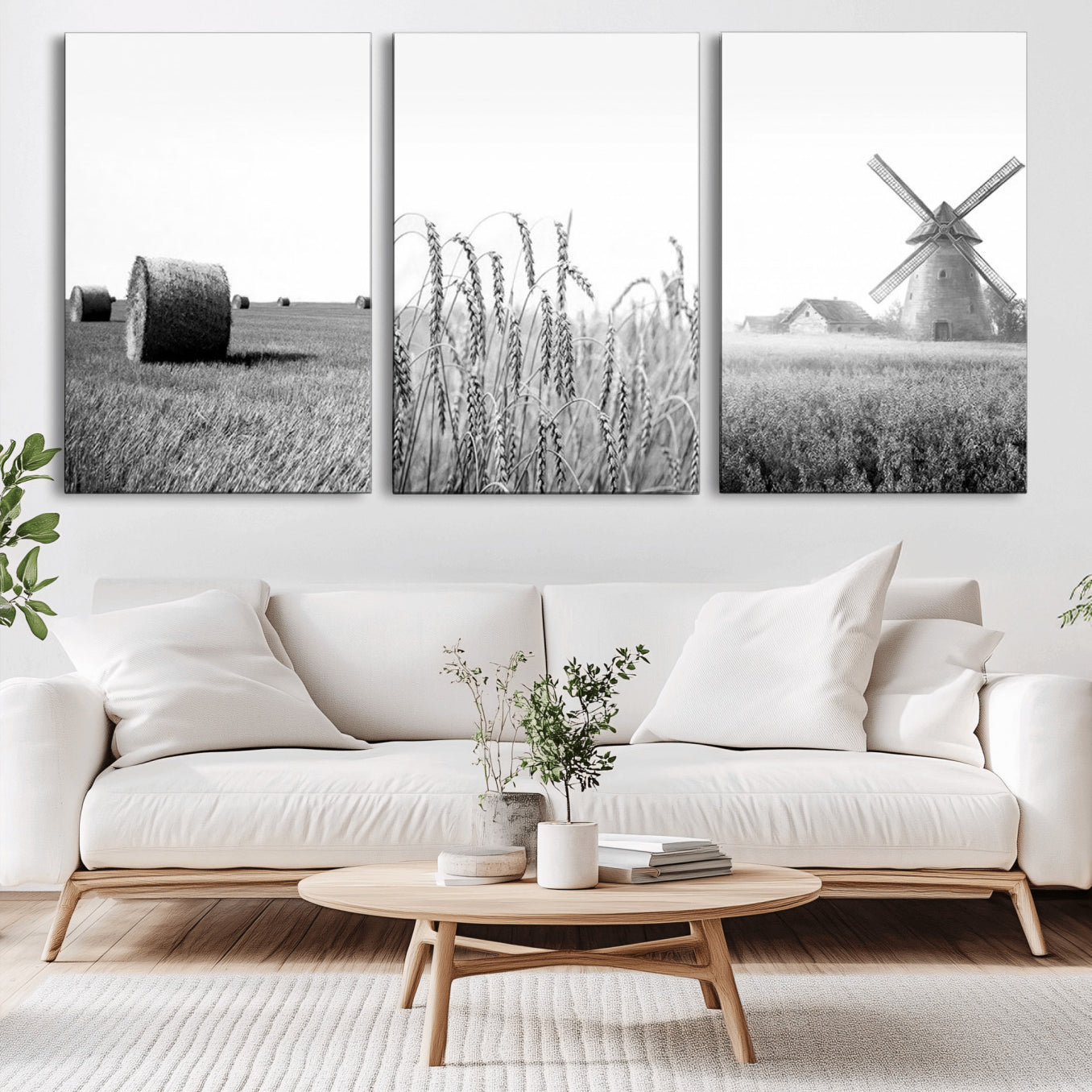 89390-MGV-CV-36X24-Vintage Farmhouse Black and White Triptych Wall Art – Giclee Canvas Featuring Wheat Fields, Hay