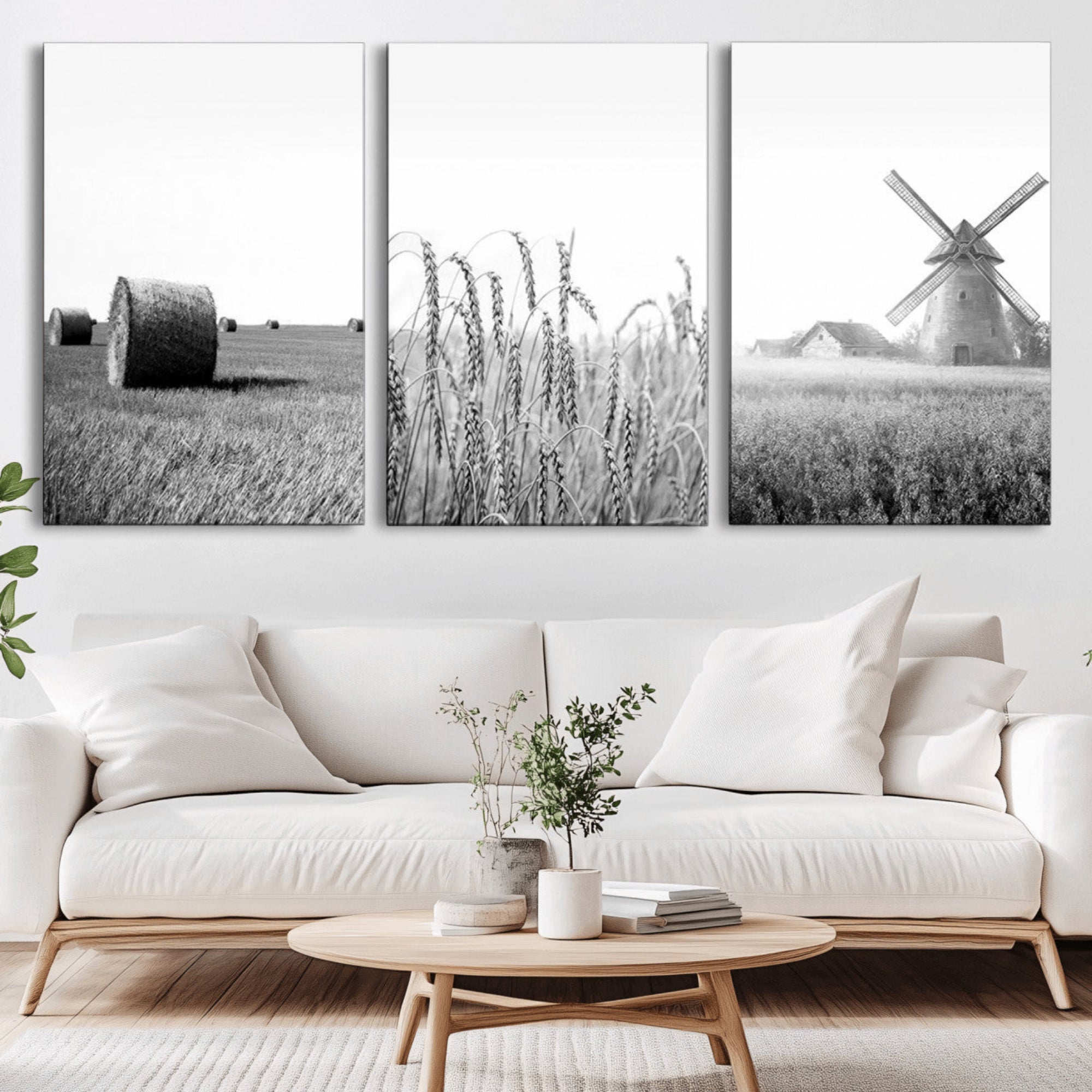89390-MGV-CV-36X24-Vintage Farmhouse Black and White Triptych Wall Art – Giclee Canvas Featuring Wheat Fields, Hay