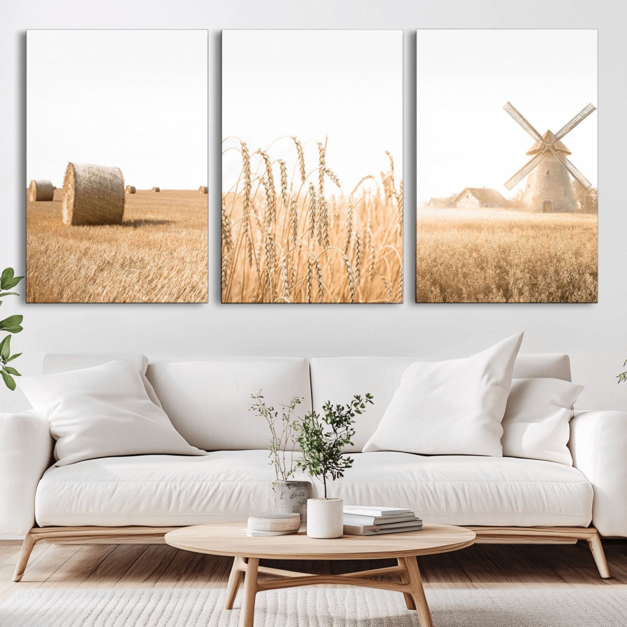 88780-MGV-CV-36X24-Vintage Farmhouse Triptych Wall Art – Giclée Canvas Featuring Wheat Fields, Hay Bales, and a
