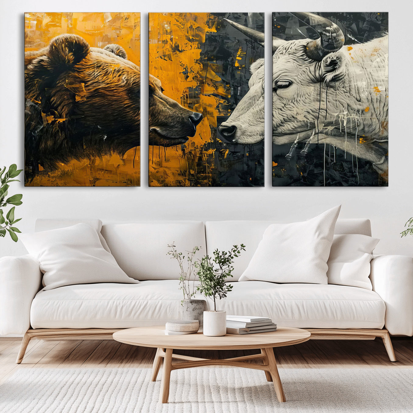 71185-MGV-CV-36X24-Bear and Bull Wall Art Canvas Print – Abstract Animal Portrait Painting for Modern Home Decor –
