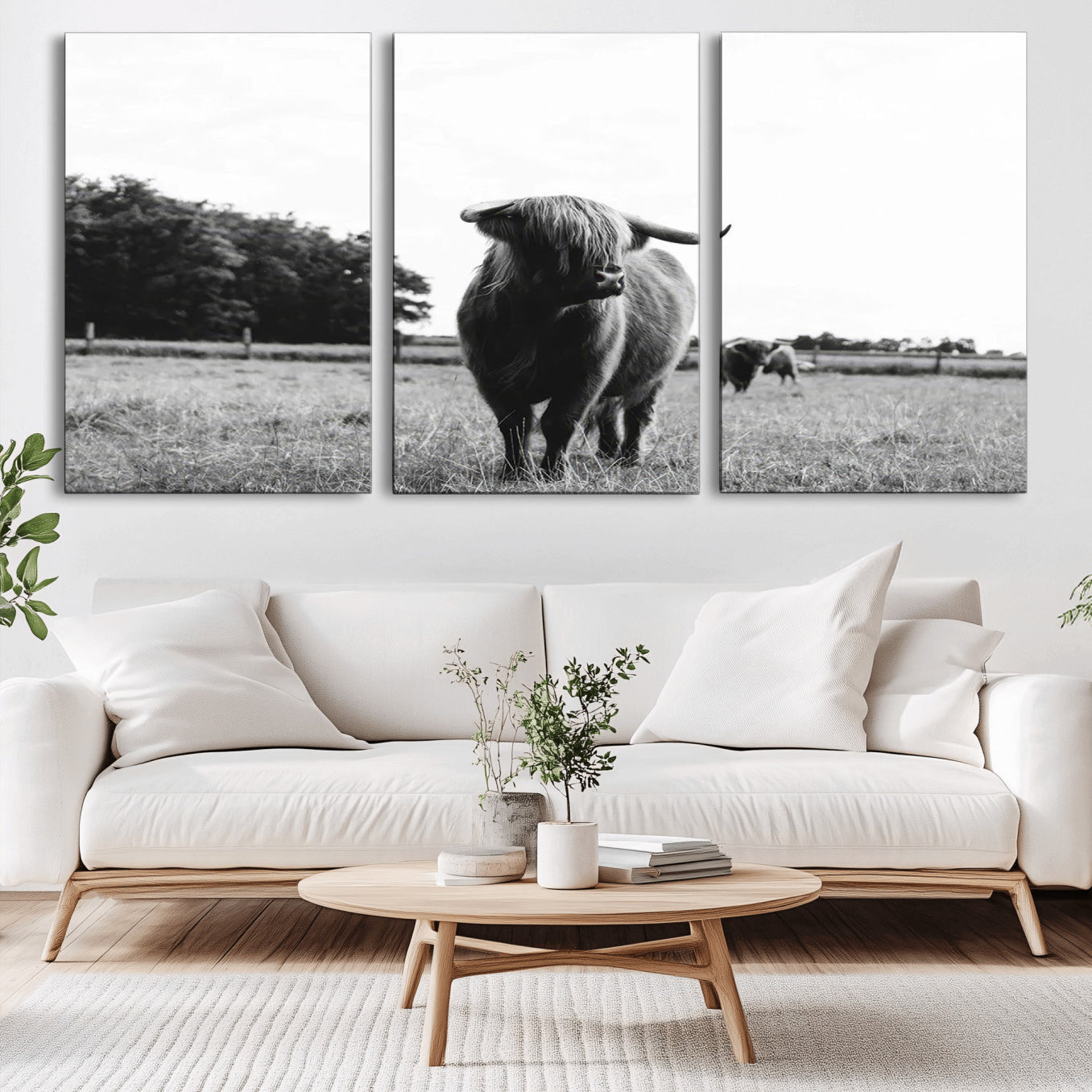 -Black and White Highland Cow Wall Art Canvas Print | Rustic Western Decor for Living Room or Office,