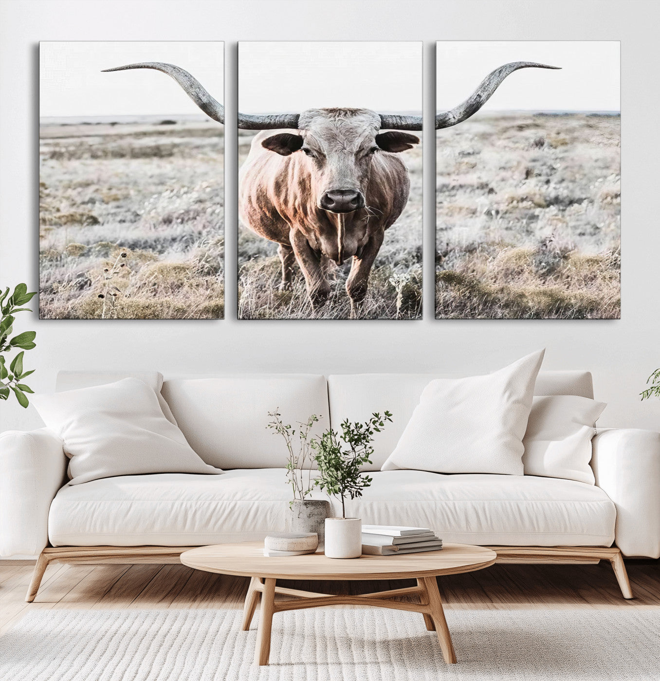 -Rustic Texas Longhorn Wall Art Canvas Print | Western Farmhouse Decor for Living Room or Office,