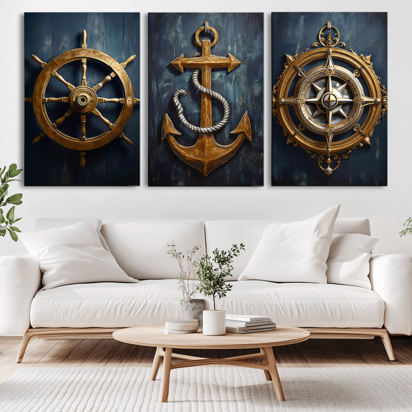 56214-MGV-CV-60X30-3P - Boat Anchor Compass With Rope Wall Art Canvas Print | Beach House Wall Art