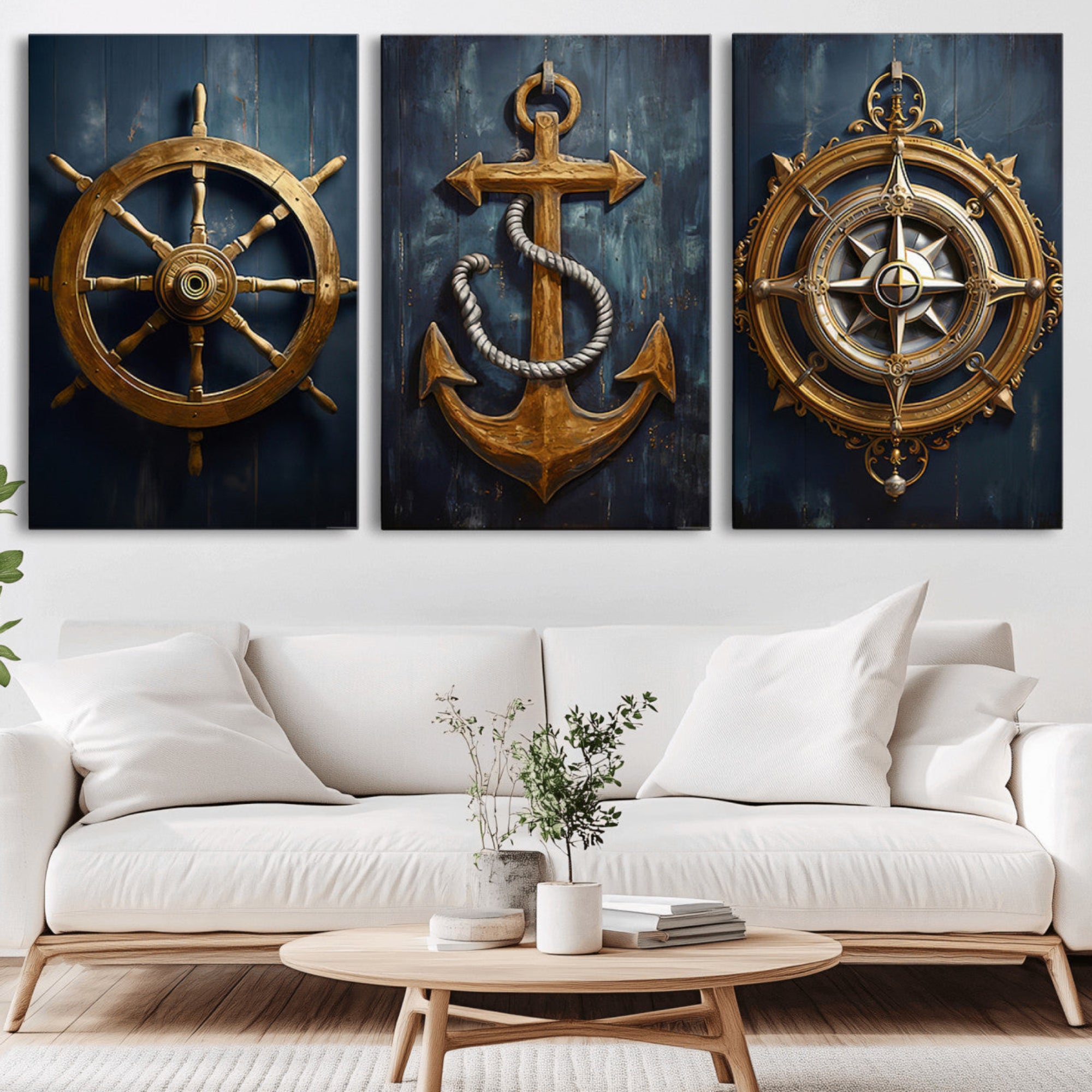 56214-MGV-CV-36X24-Boat Anchor Compass With Rope Wall Art Canvas Print | Beach House Wall Art